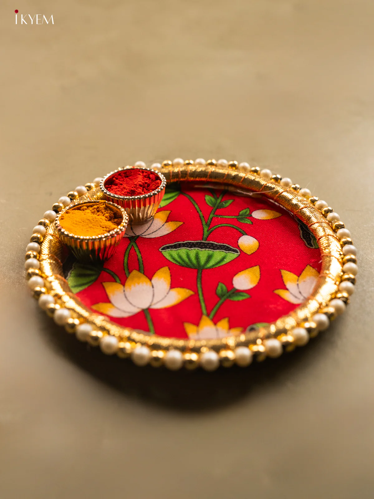 Pretty Pichwai Style Lotus Printed Red Plate with Haldi Kumkum Holder - KG31116 - Image 3