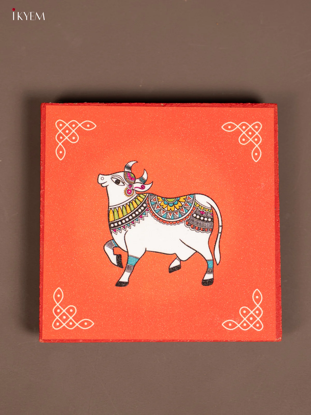 Red Pichwai Designed Cow & Kolam Printed Wooden Manai - KE29150