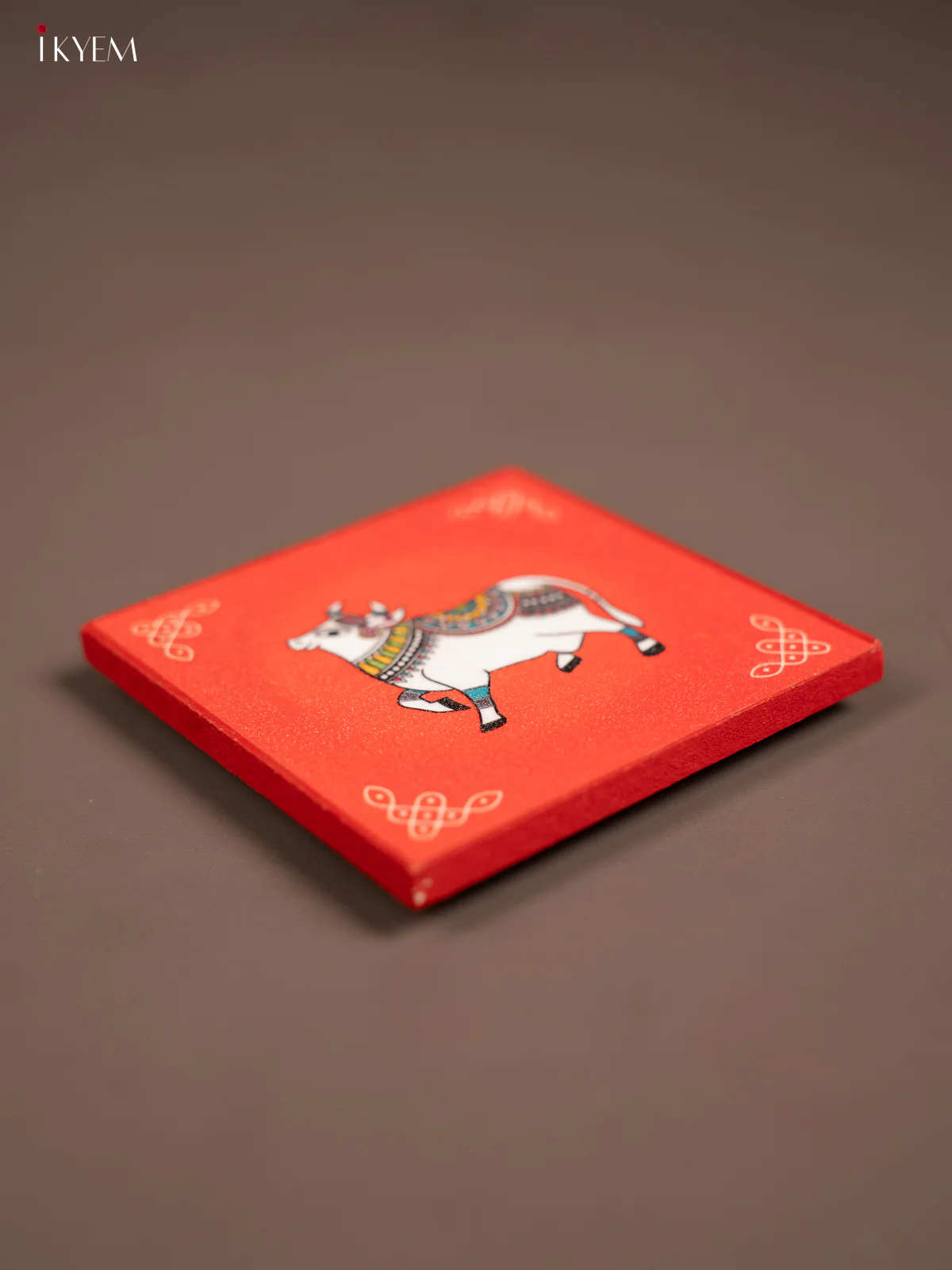 Red Pichwai Designed Cow & Kolam Printed Wooden Manai - KE29150 - Image 2