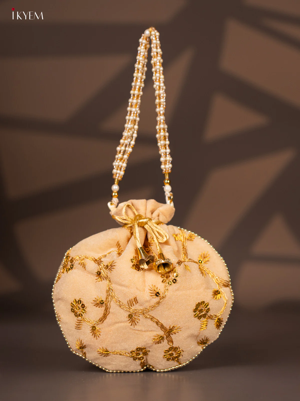 Sandal Potli Bag With Embroidered Floral Design & Gold Zari - KD26528