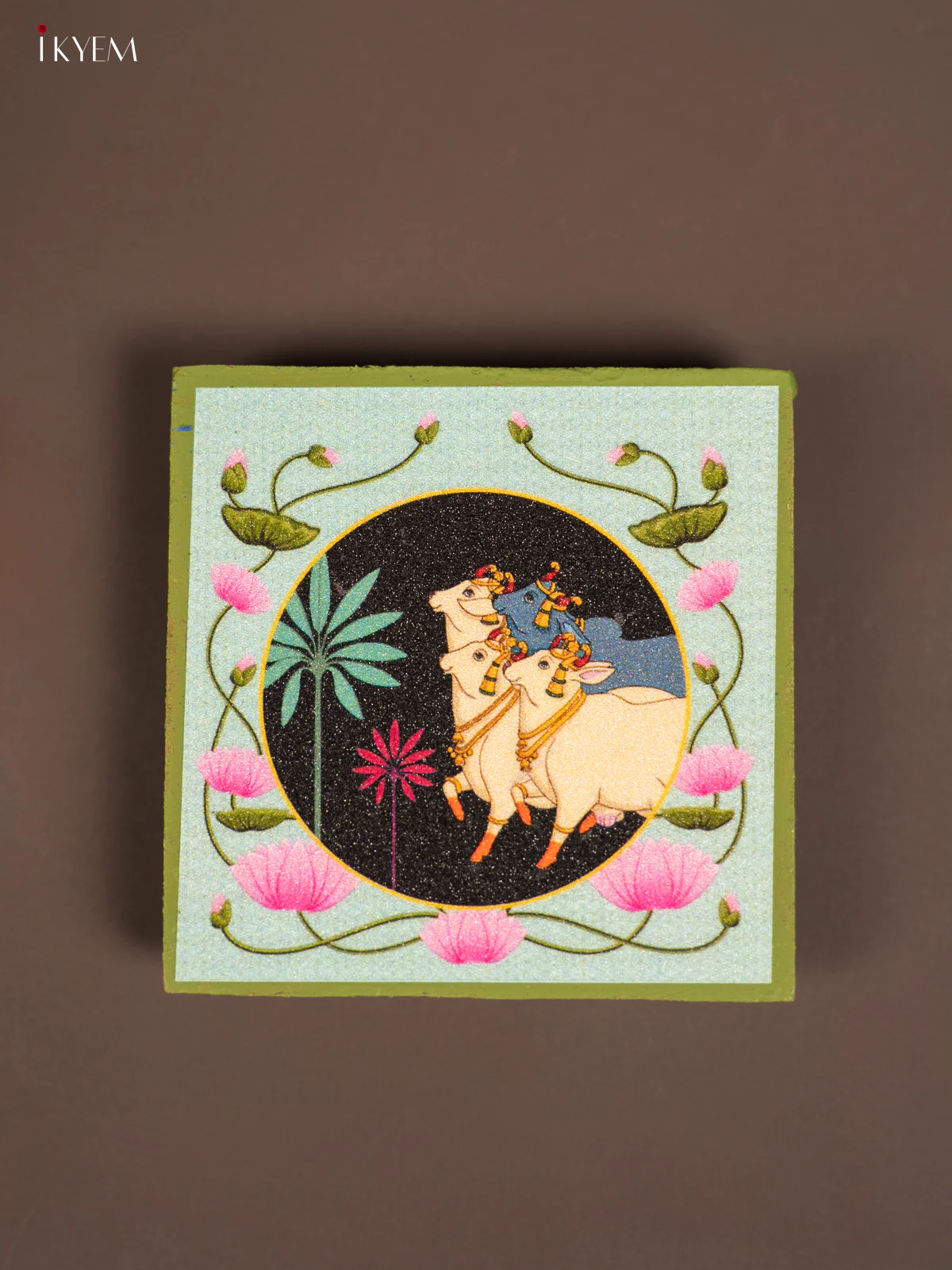 Sea Green Pichwai Printed Wooden Manai - KE29138