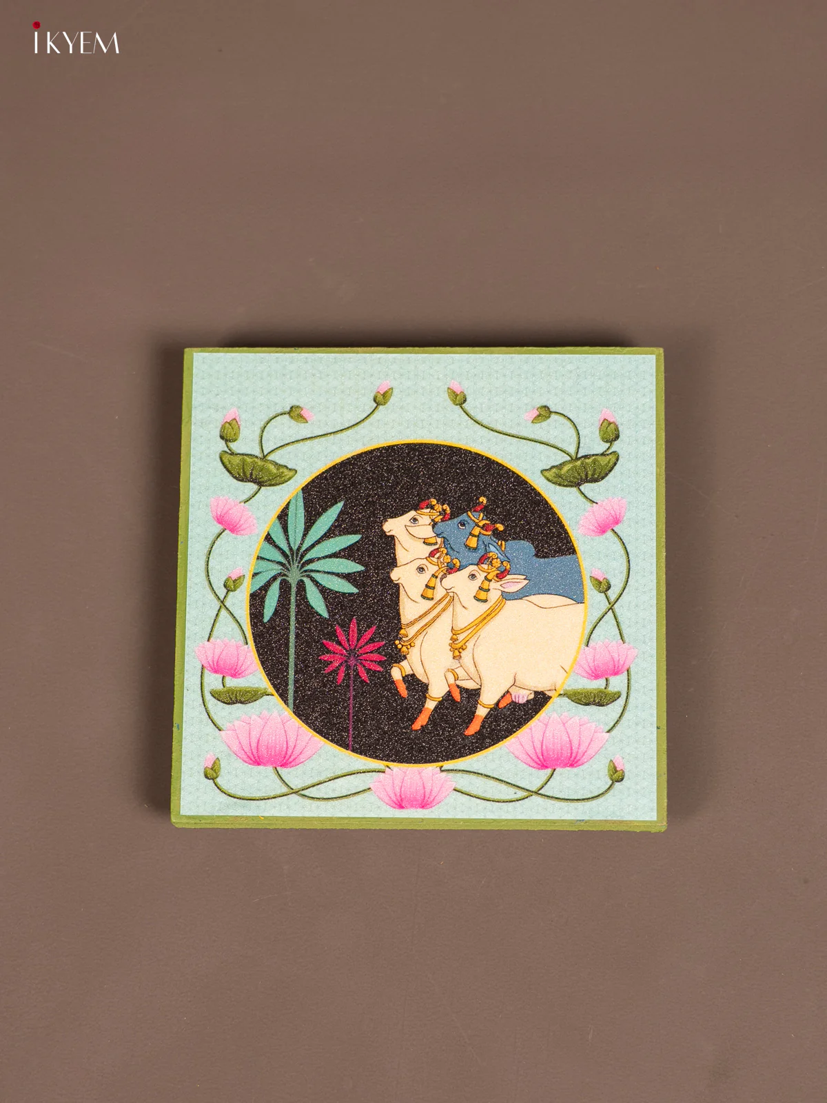 Sea Green Wooden Manai with Pichwai Cow Design - KE29149