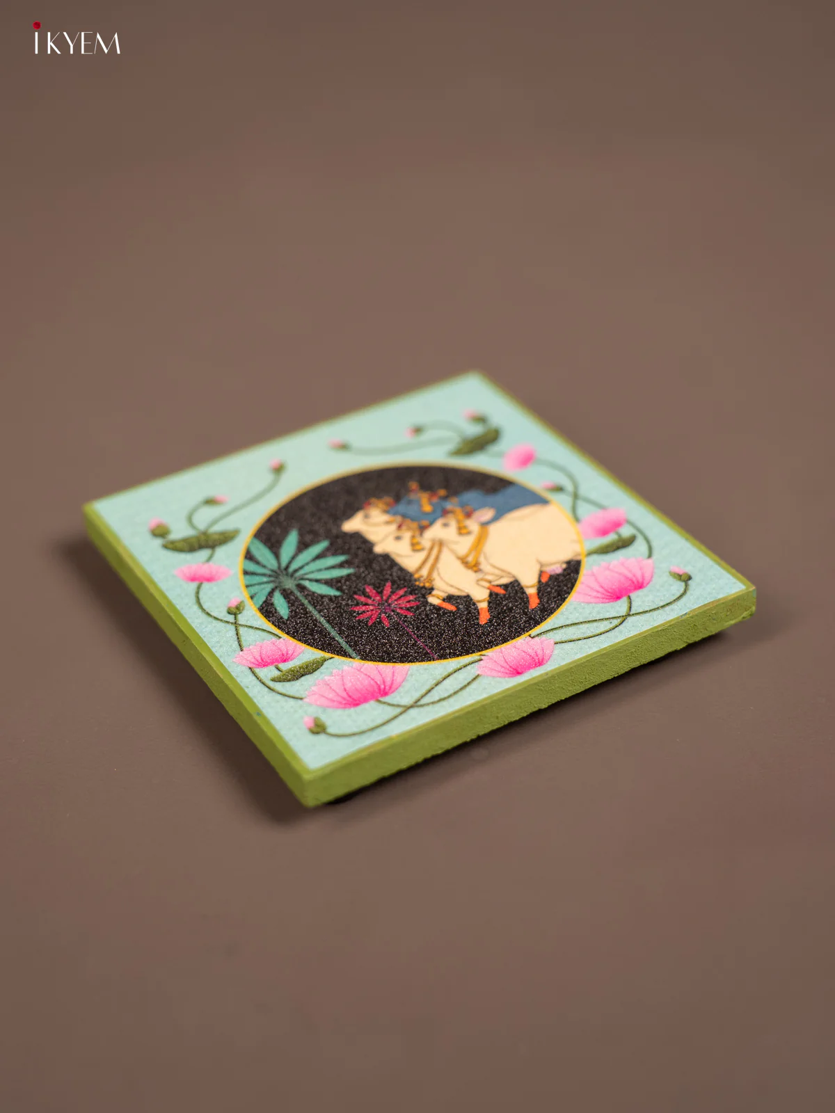 Sea Green Wooden Manai with Pichwai Cow Design - KE29149 - Image 2