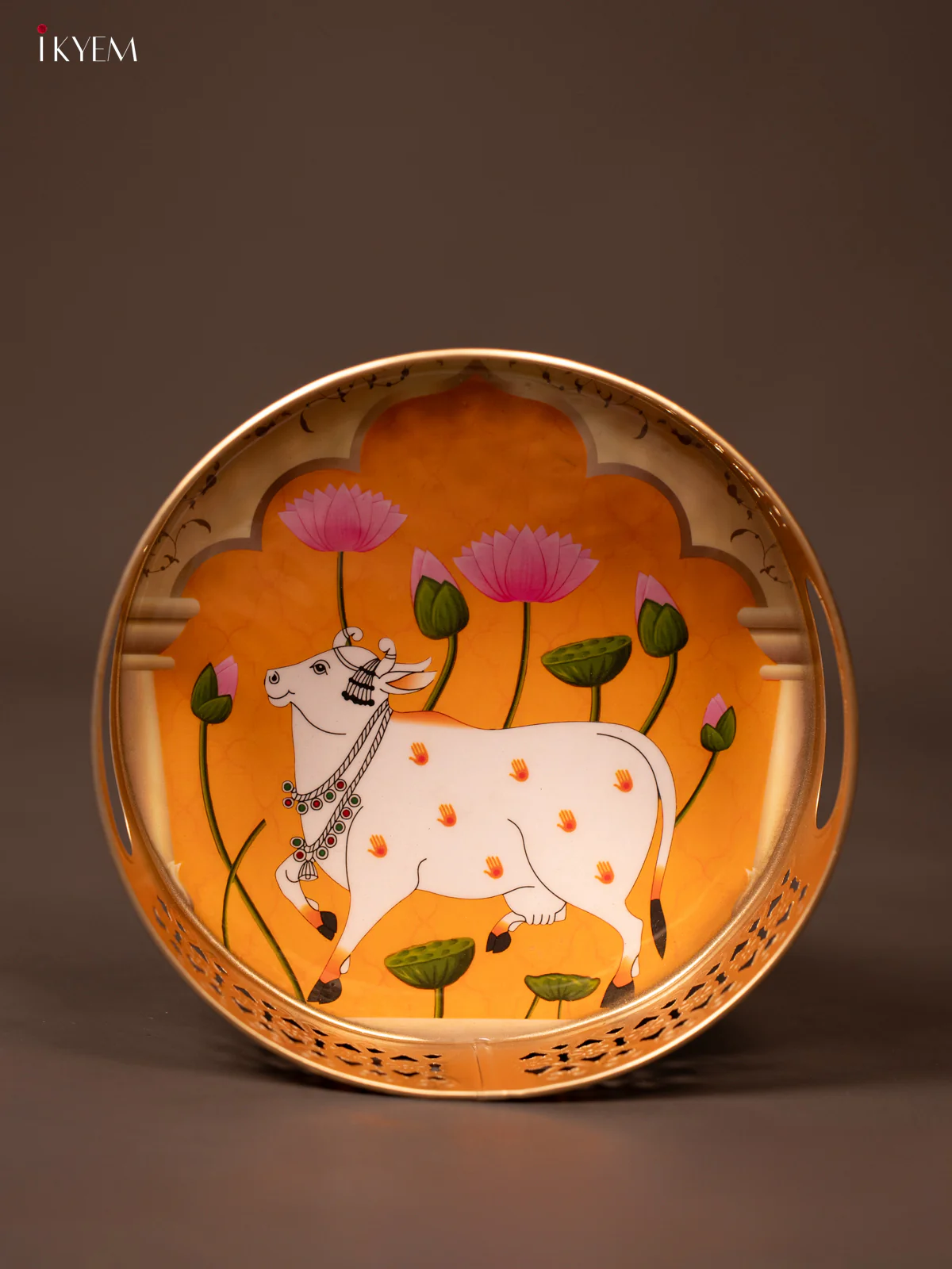 Senthur Yellow Pichwai Printed Metal Tray With Cow & Lotus Print - KF19129