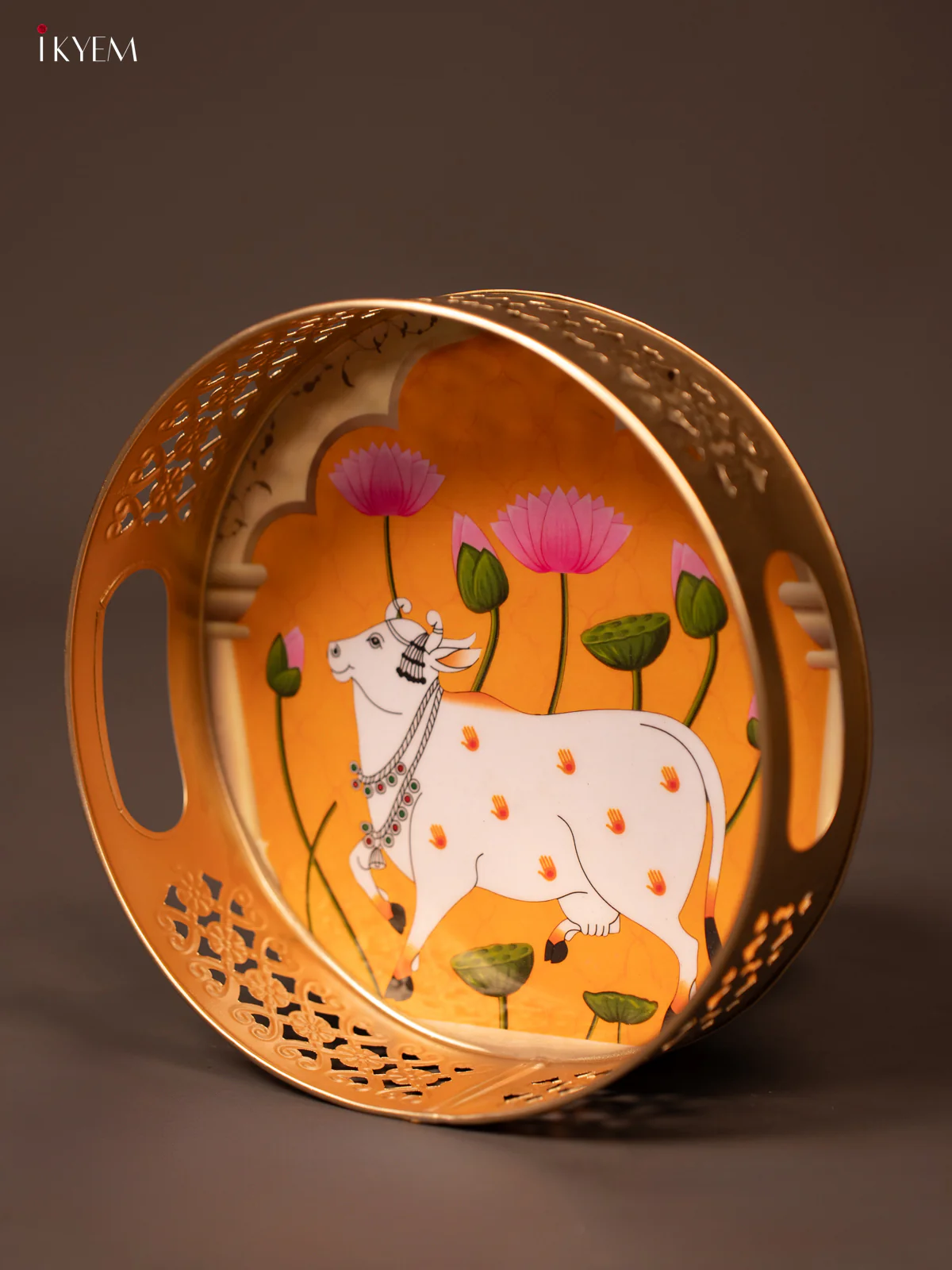 Senthur Yellow Pichwai Printed Metal Tray With Cow & Lotus Print - KF19129 - Image 2