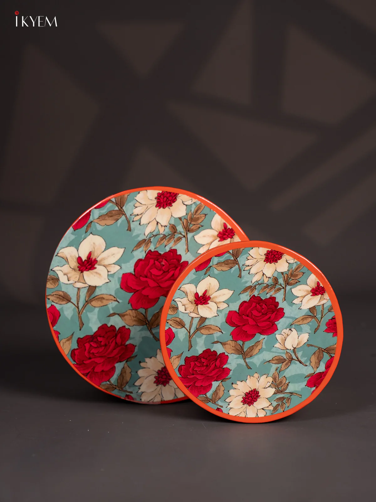 Floral Digital Printed Metal Storage Box Set Of 2 - Orange - (8x8) Inch - KI15143