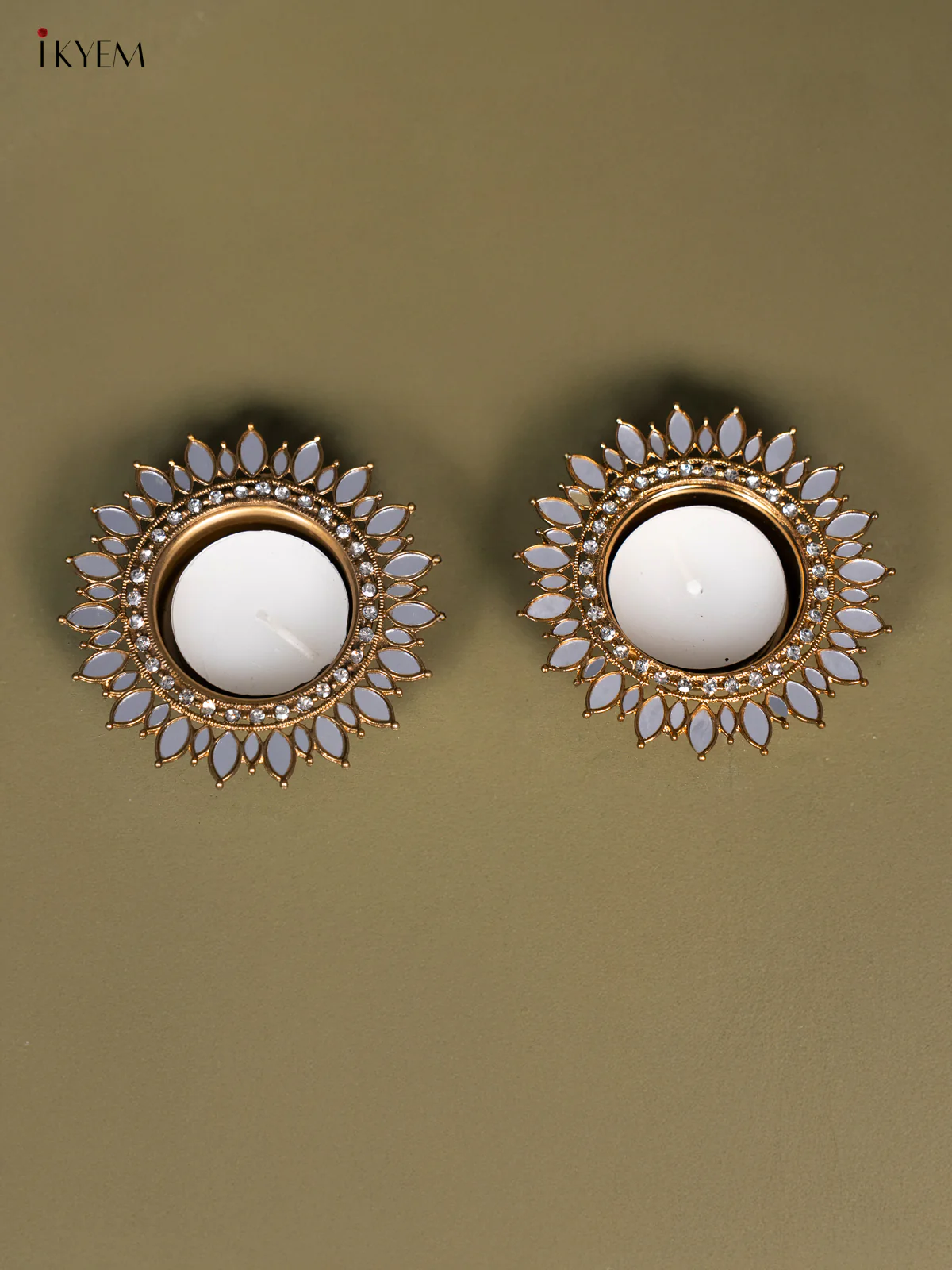 Set of 2 Flower shaped T Light Candle Holder with Mirror work - KI14125 - Image 2