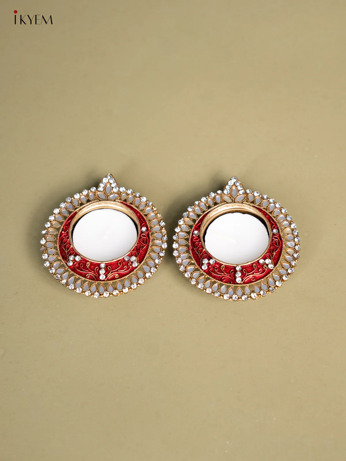 Set of 2 Red Coloured T Light Candle Holder with Mirror work - KI14131