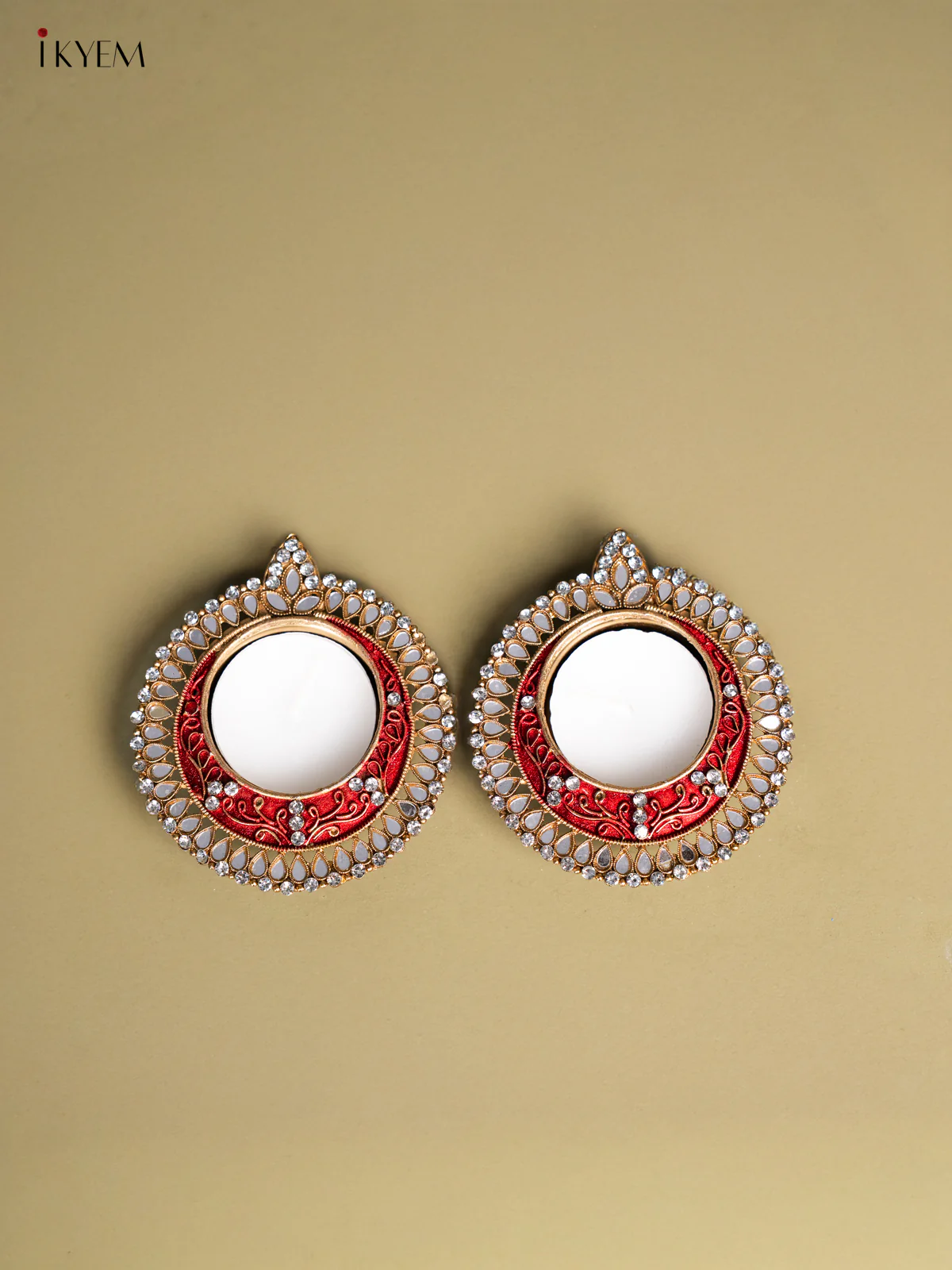 Set of 2 Red Coloured T Light Candle Holder with Mirror work - KI14131 - Image 2
