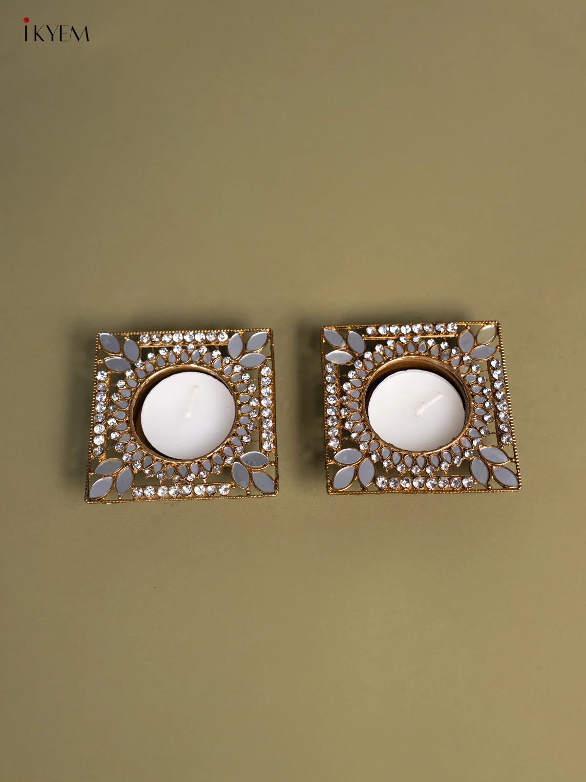 Set of 2 Square shaped T Light Candle Holder with Mirror work - KI14133