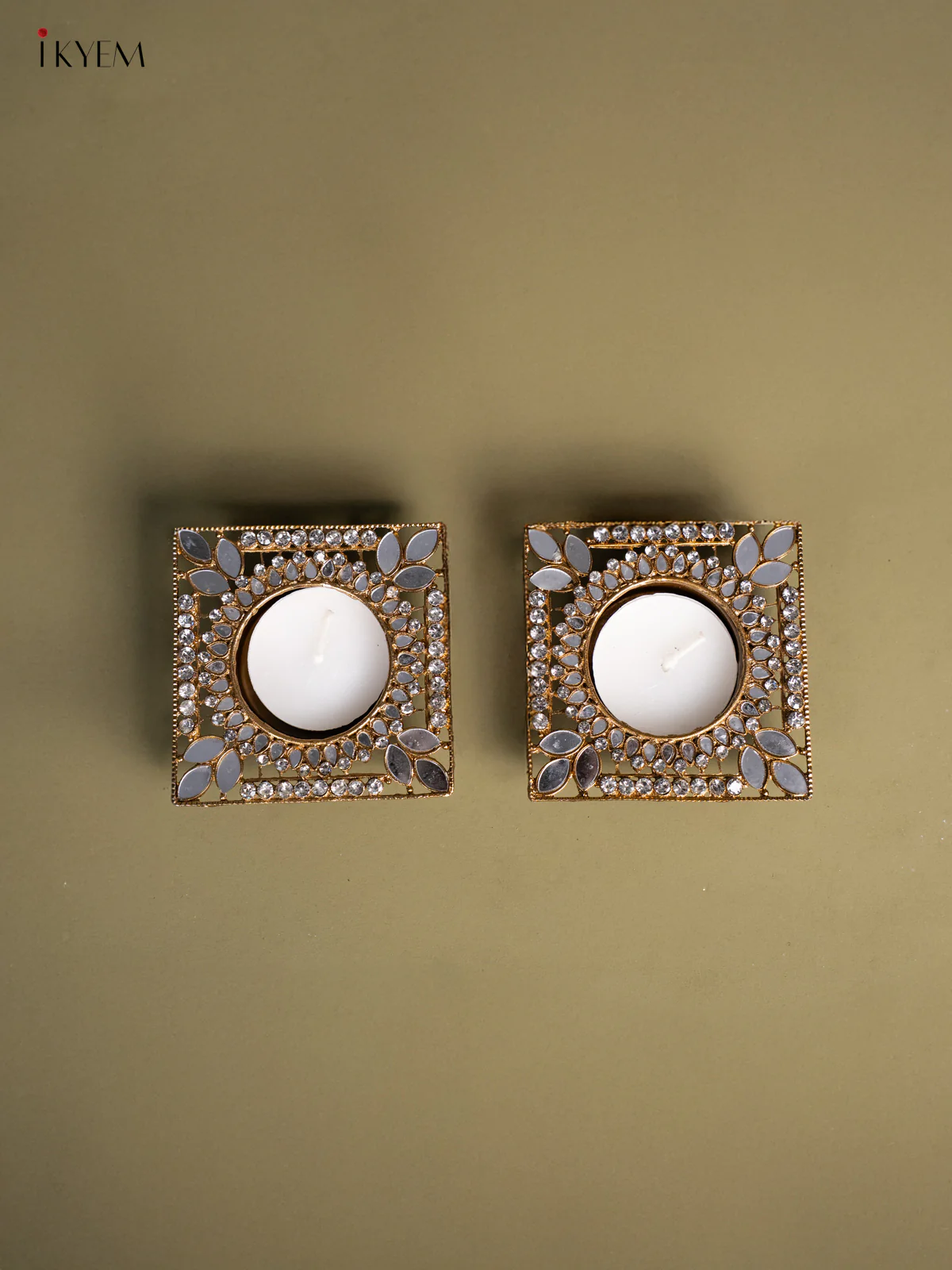 Set of 2 Square shaped T Light Candle Holder with Mirror work - KI14133 - Image 2