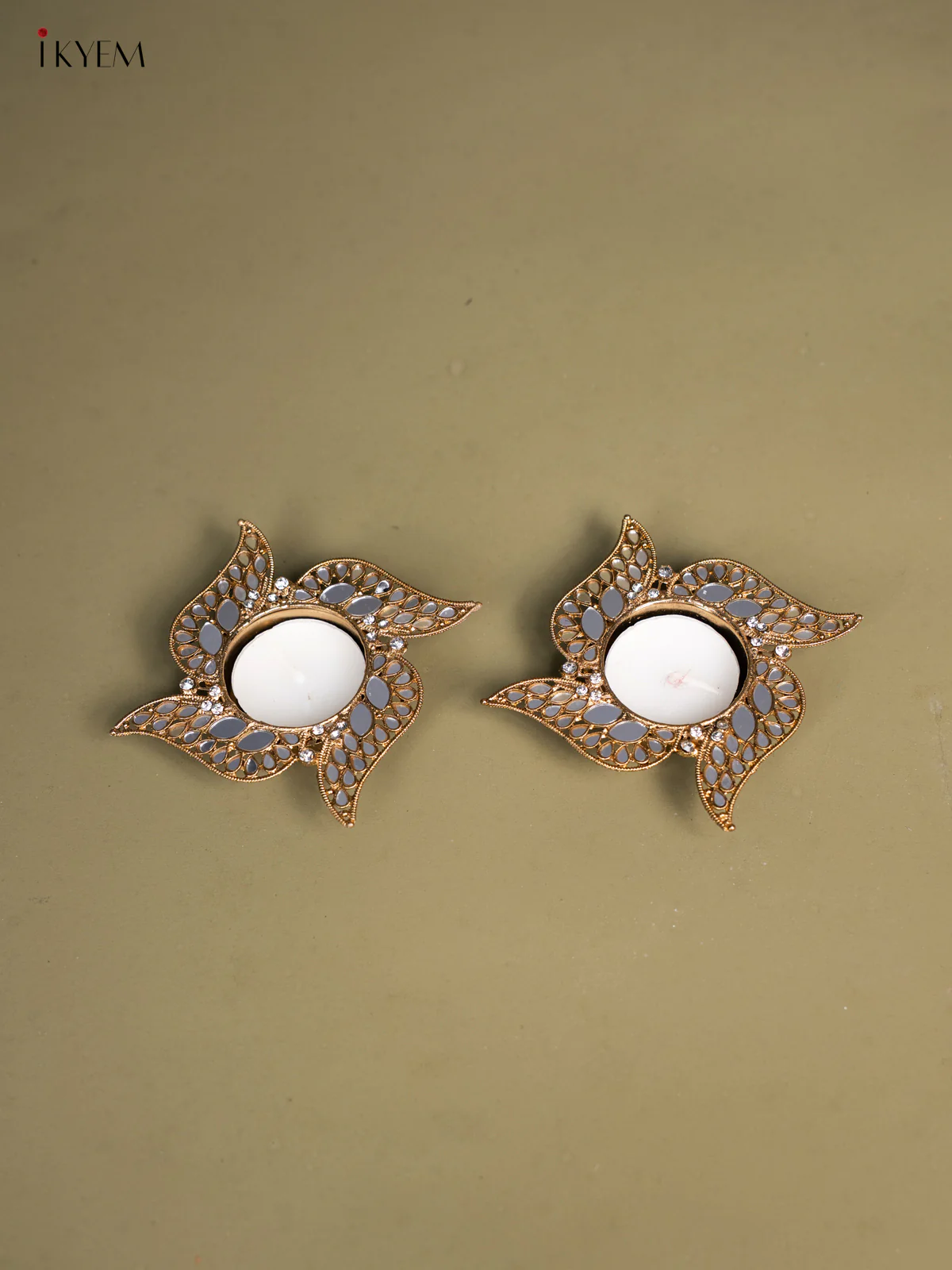 Set of 2 Swastik shaped T Light Candle Holder with Mirror work - KI14126