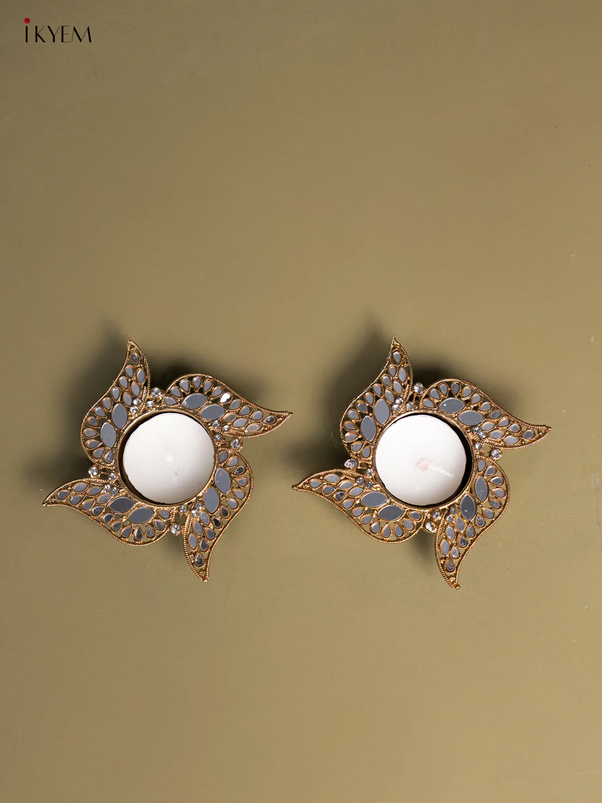 Set of 2 Swastik shaped T Light Candle Holder with Mirror work - KI14126 - Image 2