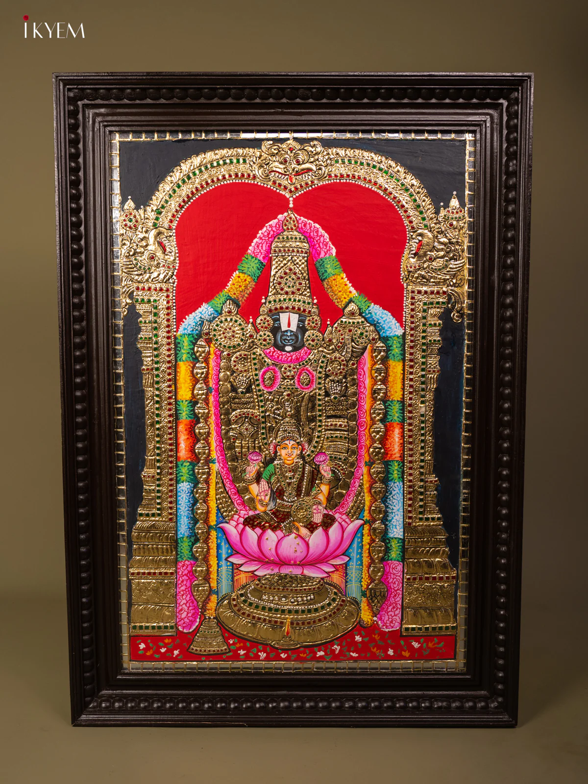 Lord Balaji & Goddess Lakshmi Tanjore Painting in Teakwood Frame - KB01162 - Image 2