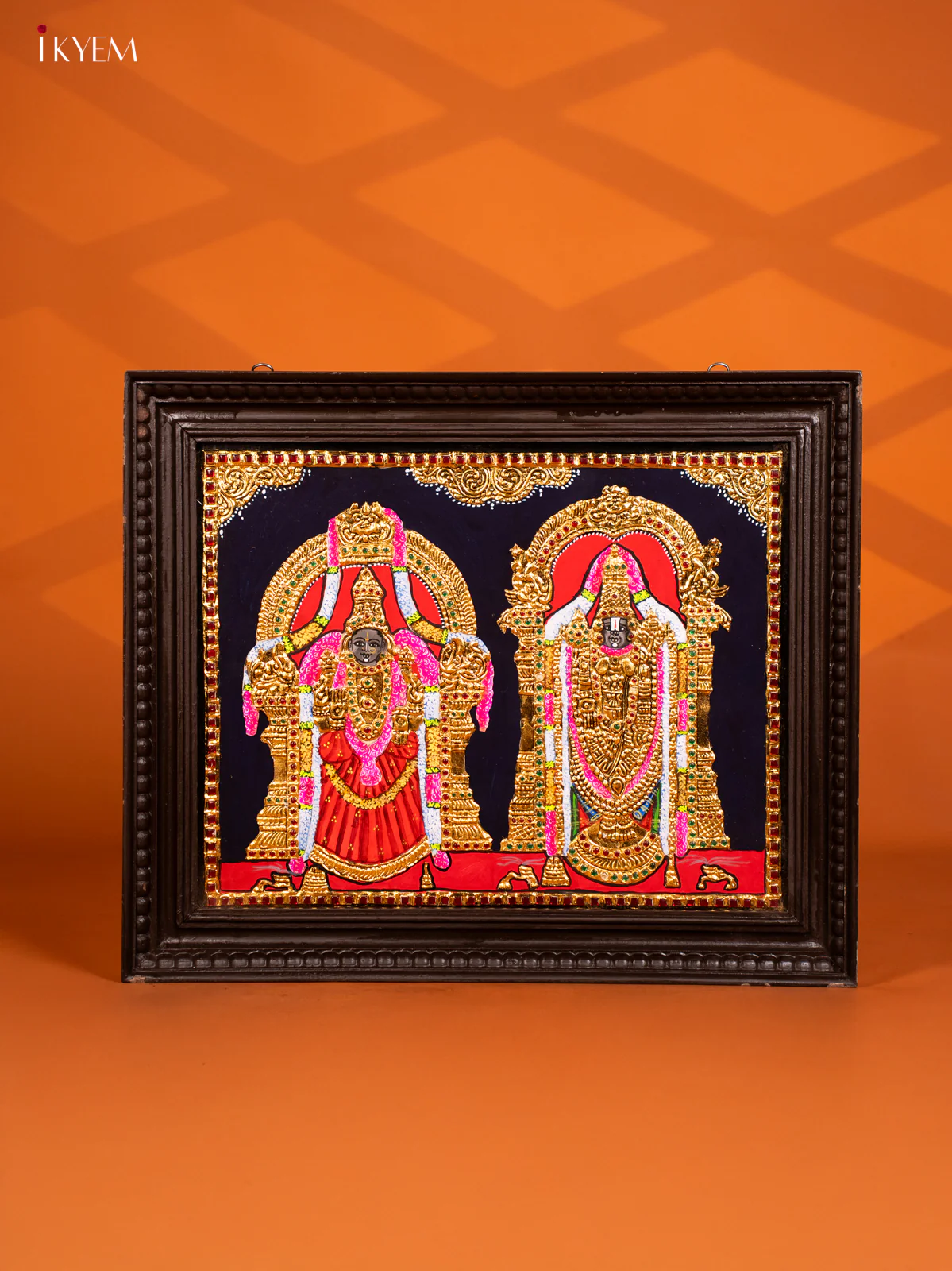 Regal Lord Balaji & Padmavathi Amma Tanjore Painting in Teakwood Frame- KF10274