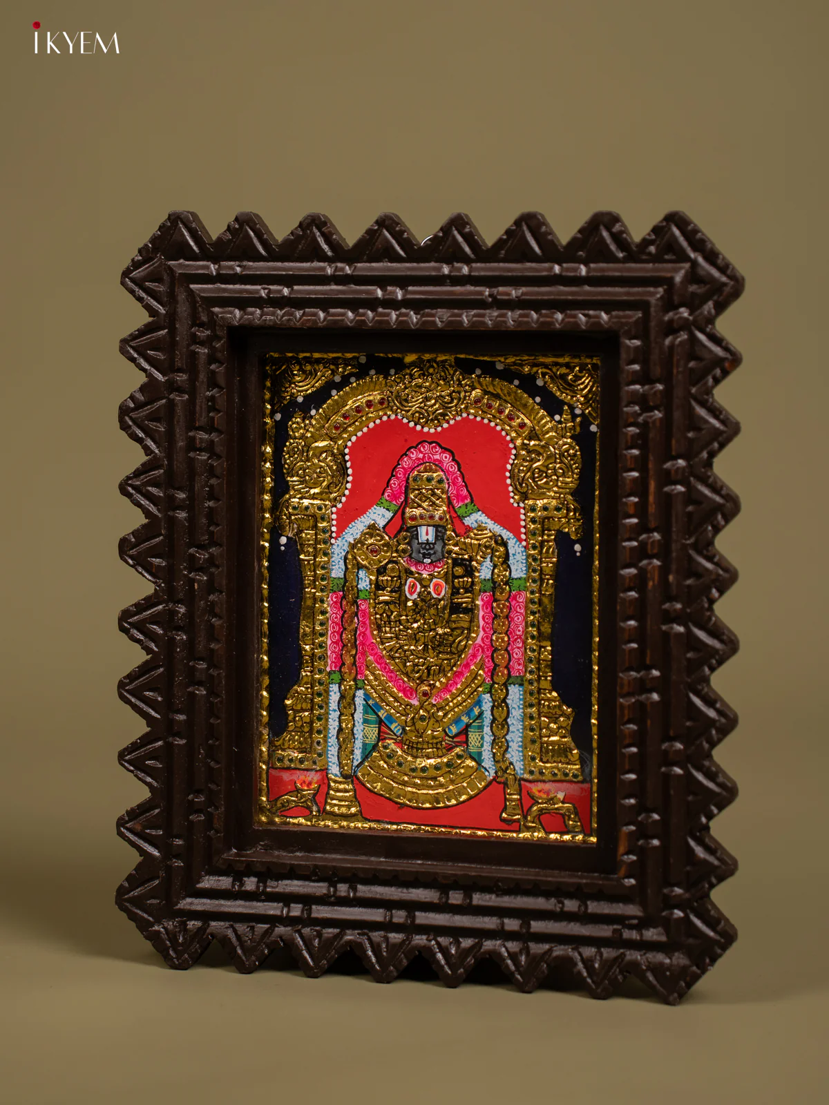 Divine Lord Balaji Tanjore Painting in Chettinad styled Teakwood Frame - KF26127 - Image 3