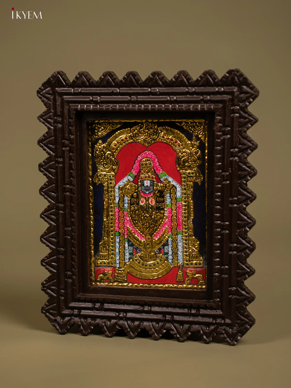 Majestic Lord Balaji Tanjore Painting in Chettinad styled Teakwood Frame - KF26129 - Image 3