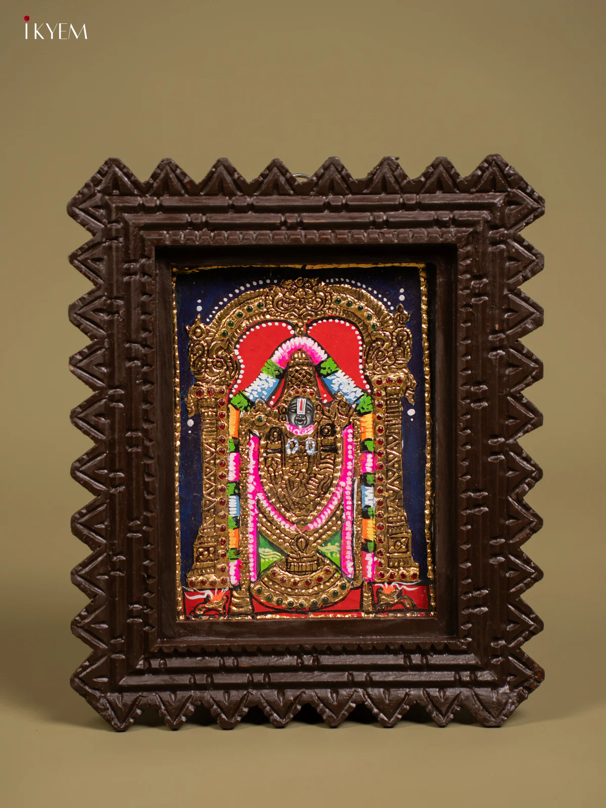 Sacred Lord Balaji Tanjore Painting in Chettinad styled Teakwood Frame - KF26156