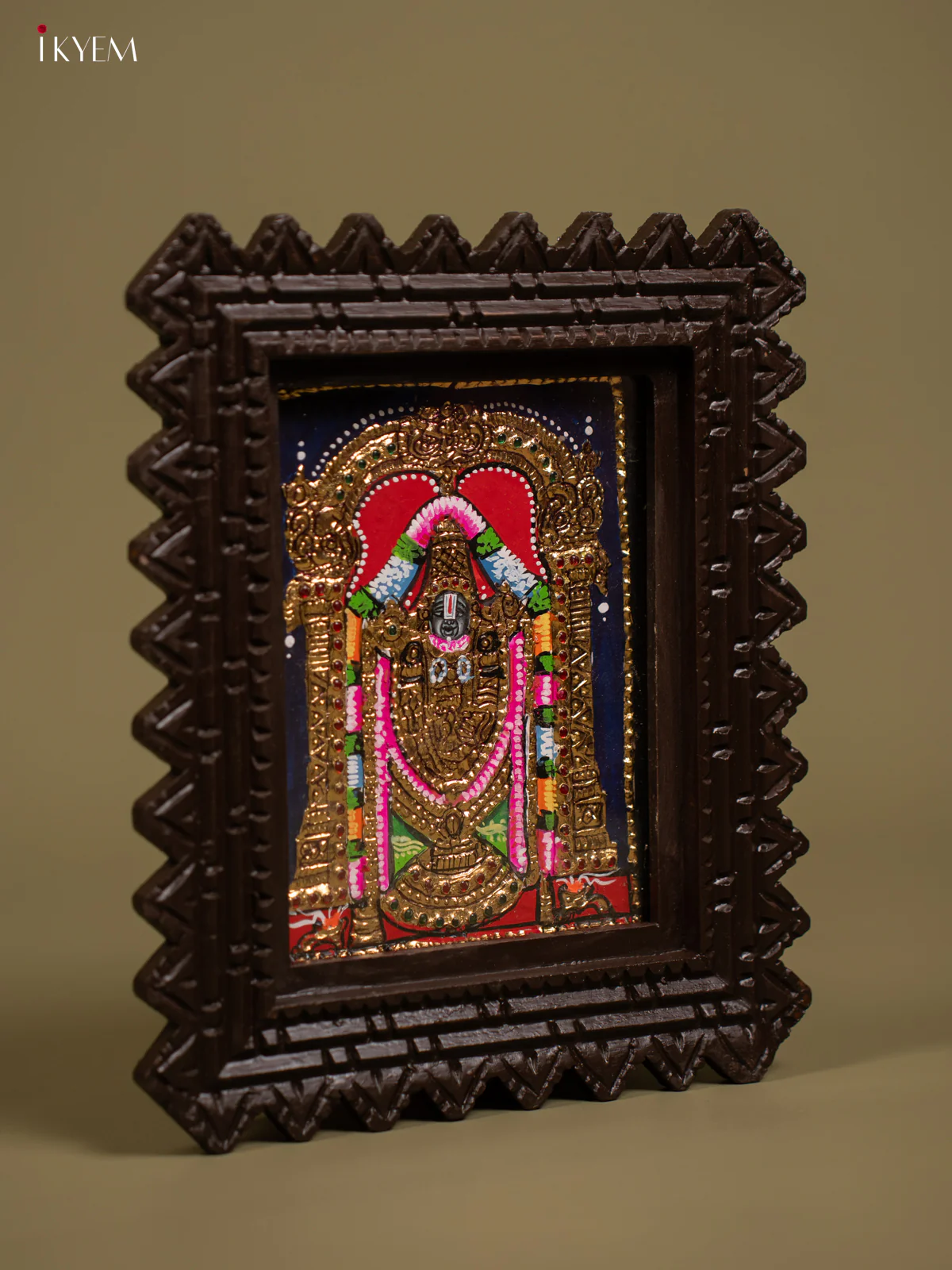 Sacred Lord Balaji Tanjore Painting in Chettinad styled Teakwood Frame - KF26156 - Image 2