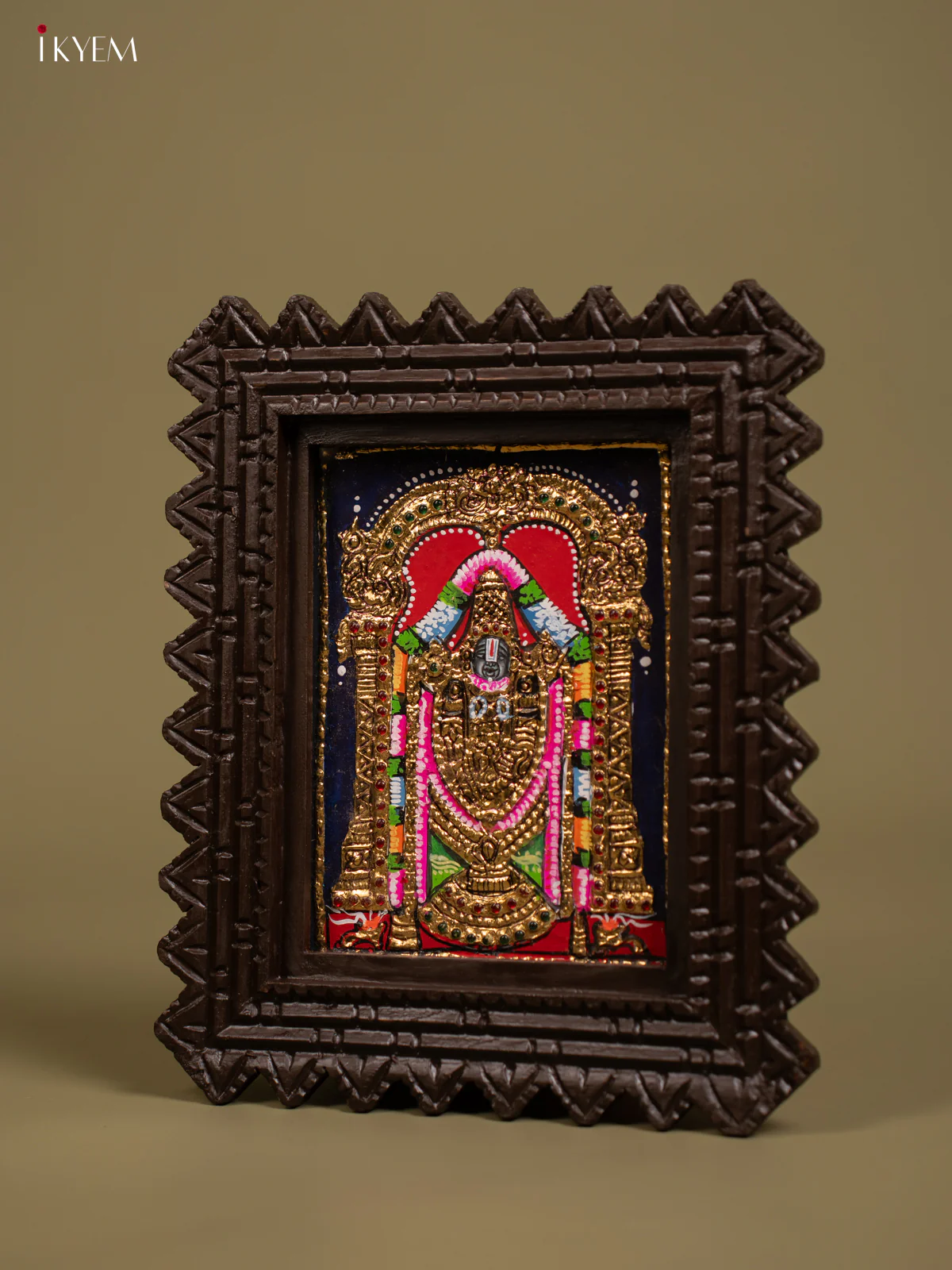 Sacred Lord Balaji Tanjore Painting in Chettinad styled Teakwood Frame - KF26156 - Image 3