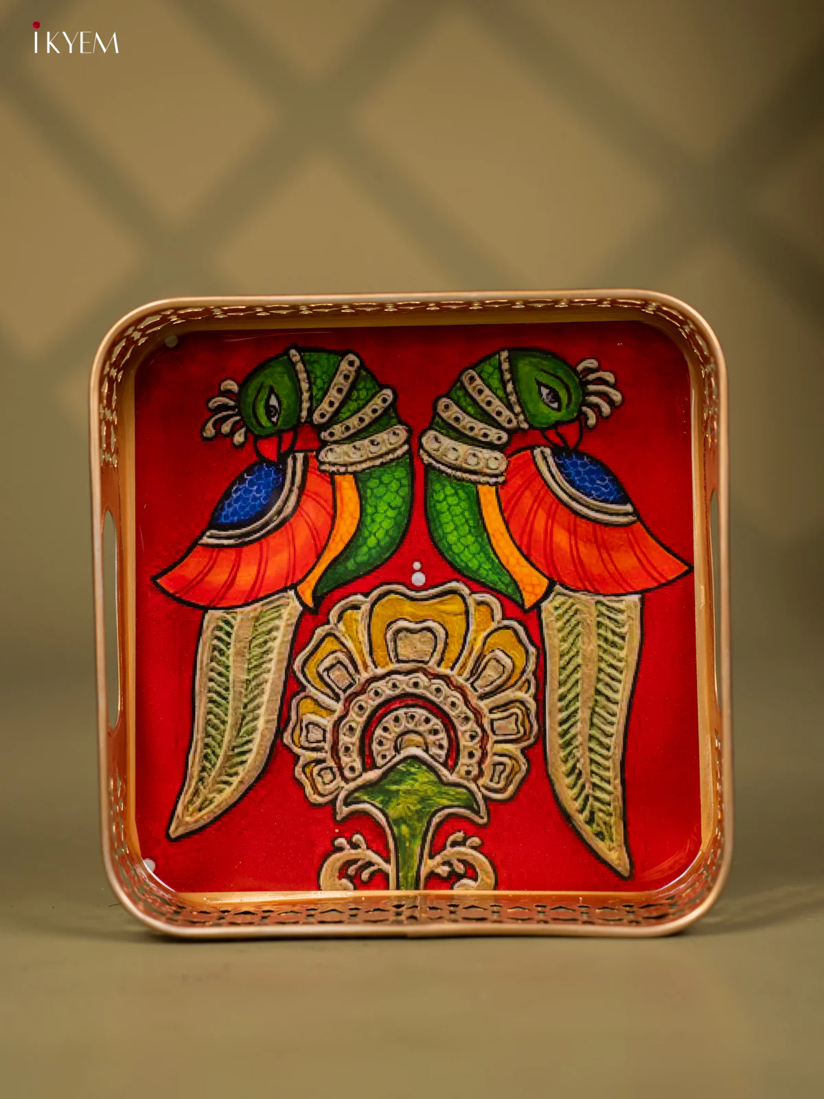 Twin Parrots & Flower Printed Square Metal Tray - KF24199