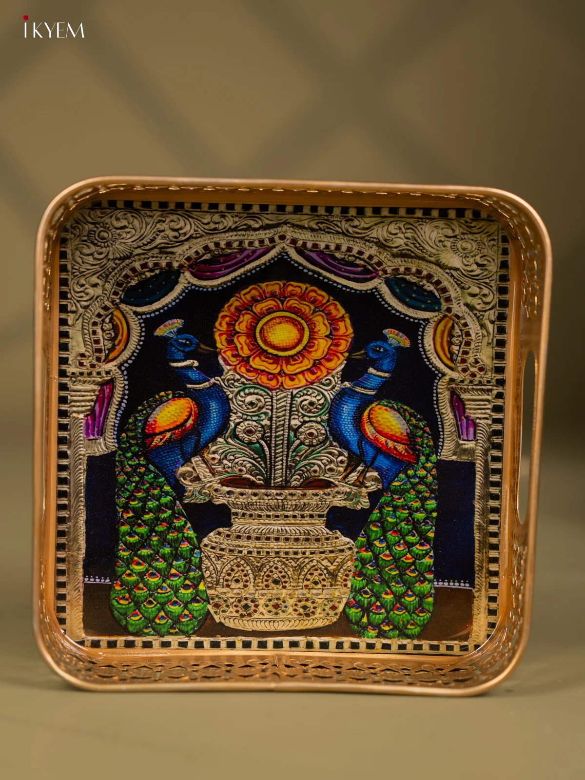 Elegant Peacock Printed Square Metal Tray - KF24197