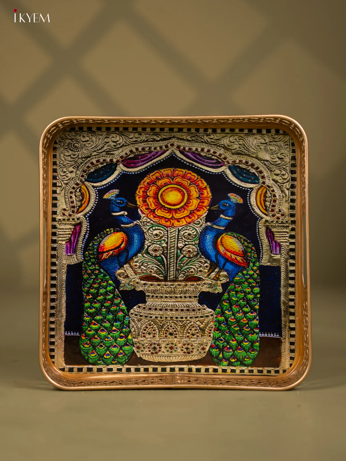 Elegant Peacock Printed Square Metal Tray - KF25139