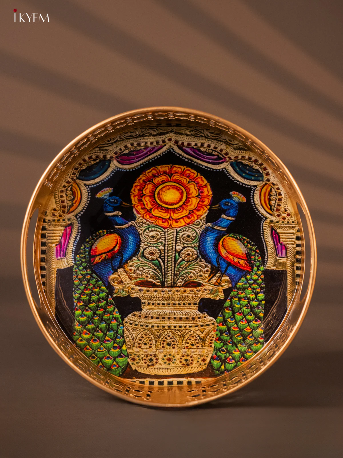 Elegant Peacocks Sitting On a Vase Printed Round Metal Tray - KH05113