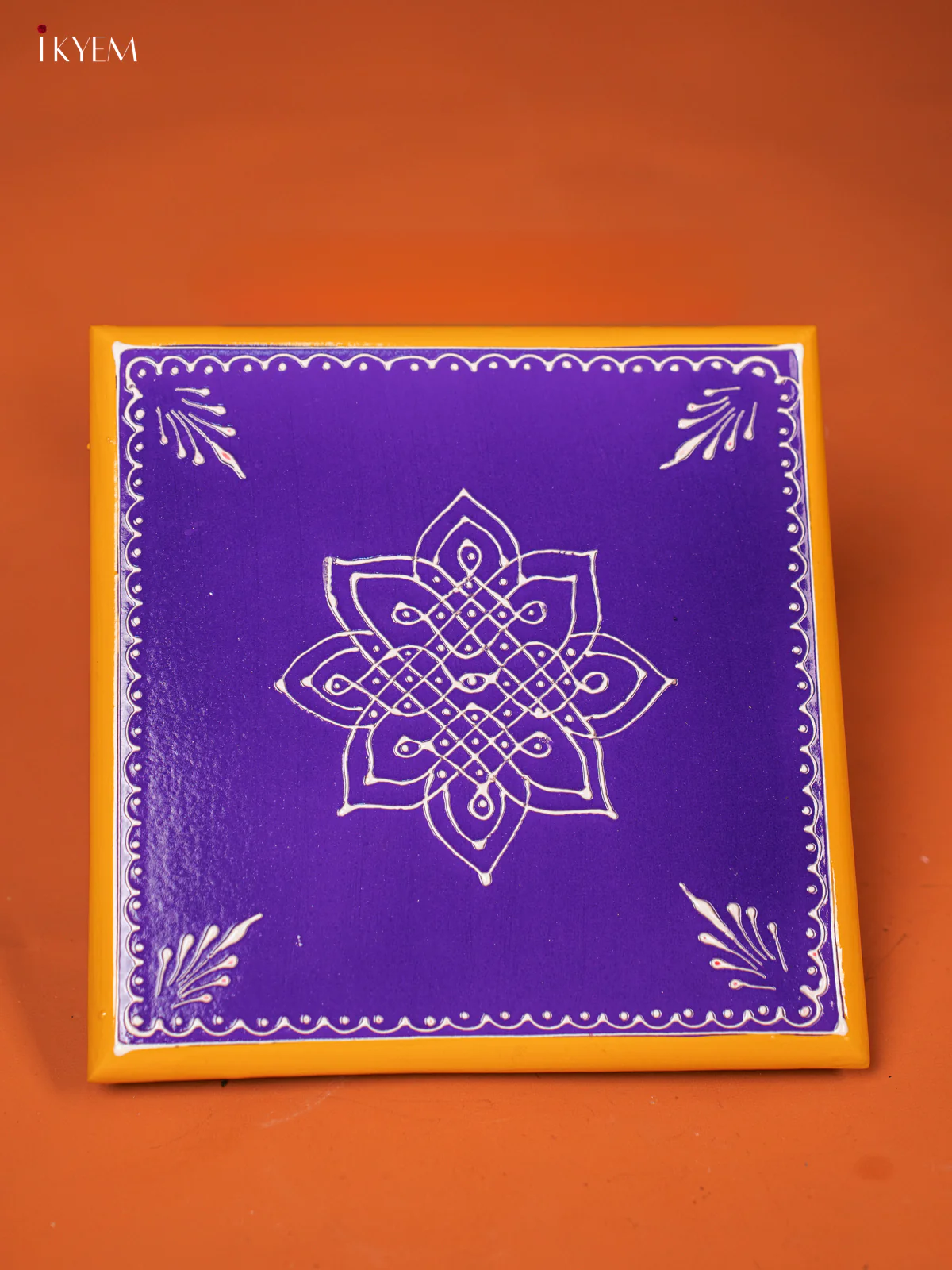 Violet Hand-Painted Wooden Manai with Traditional Kolam Design (8*8) - KE27120