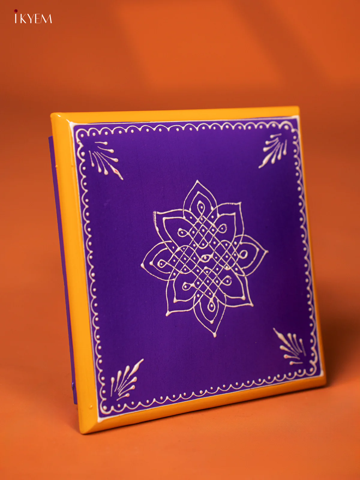 Violet Hand-Painted Wooden Manai with Traditional Kolam Design (8*8) - KE27120 - Image 2