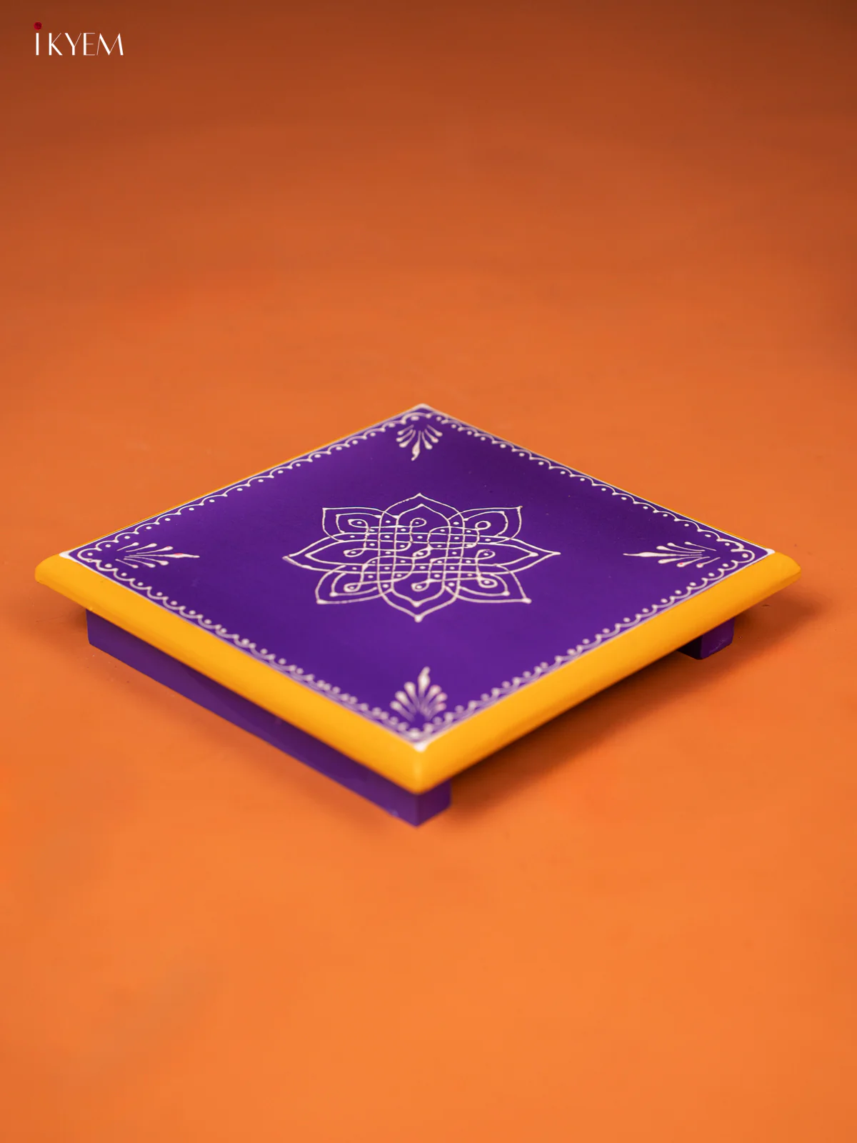 Violet Hand-Painted Wooden Manai with Traditional Kolam Design (8*8) - KE27120 - Image 3