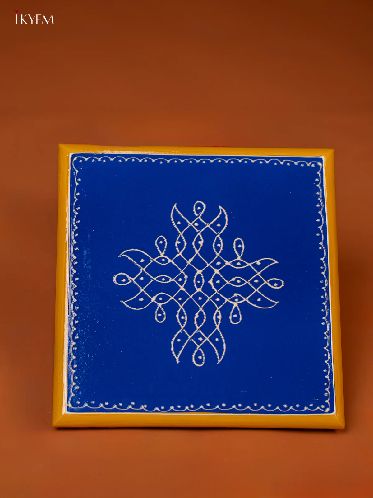 Blue Hand-Painted Wooden Manai with Traditional Kolam Design (8*8) - KE27121