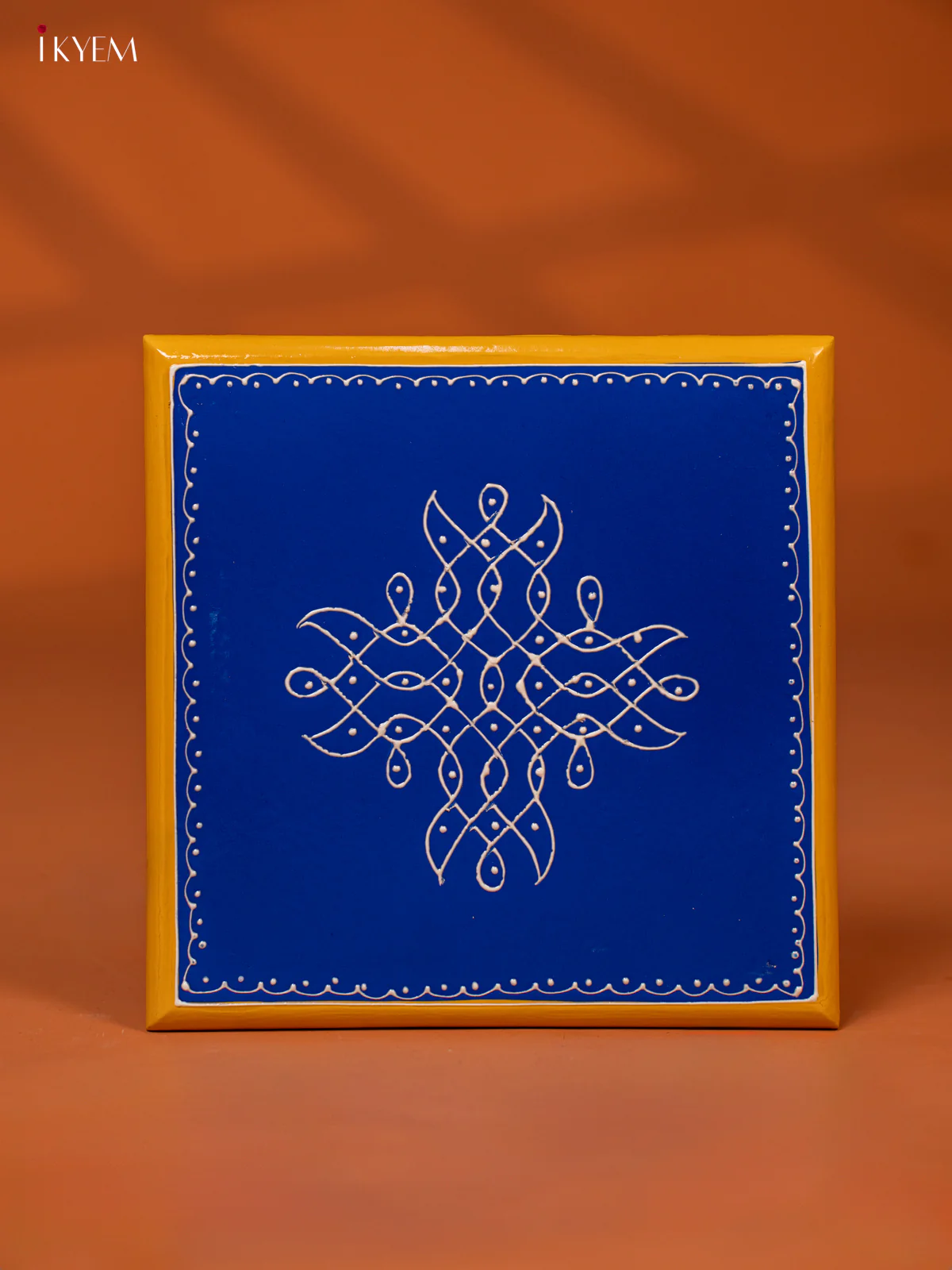 Blue Hand-Painted Wooden Manai with Traditional Kolam Design (8*8) - KE27121 - Image 2