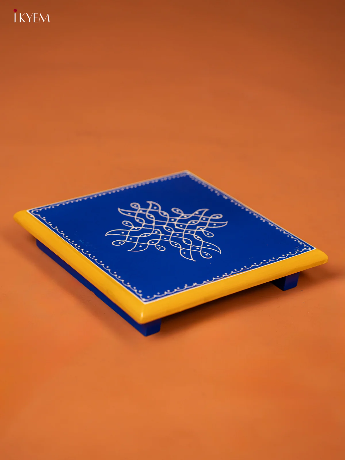 Blue Hand-Painted Wooden Manai with Traditional Kolam Design (8*8) - KE27121 - Image 3