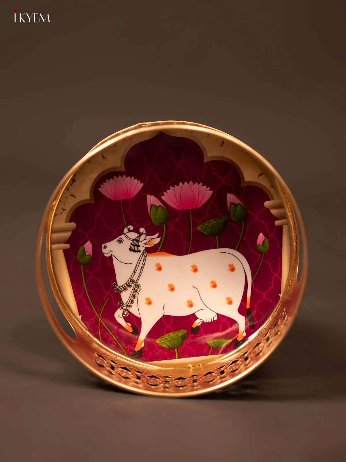 Violet Pichwai Printed Round Metal Tray With Cow & Flowers - KF19126