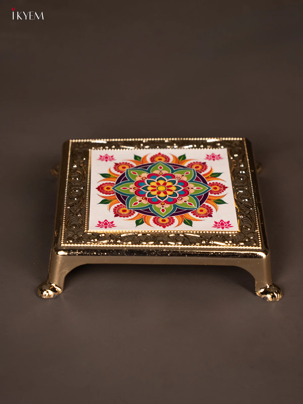 White Floral Kolam Design Printed Chowki - KG25217