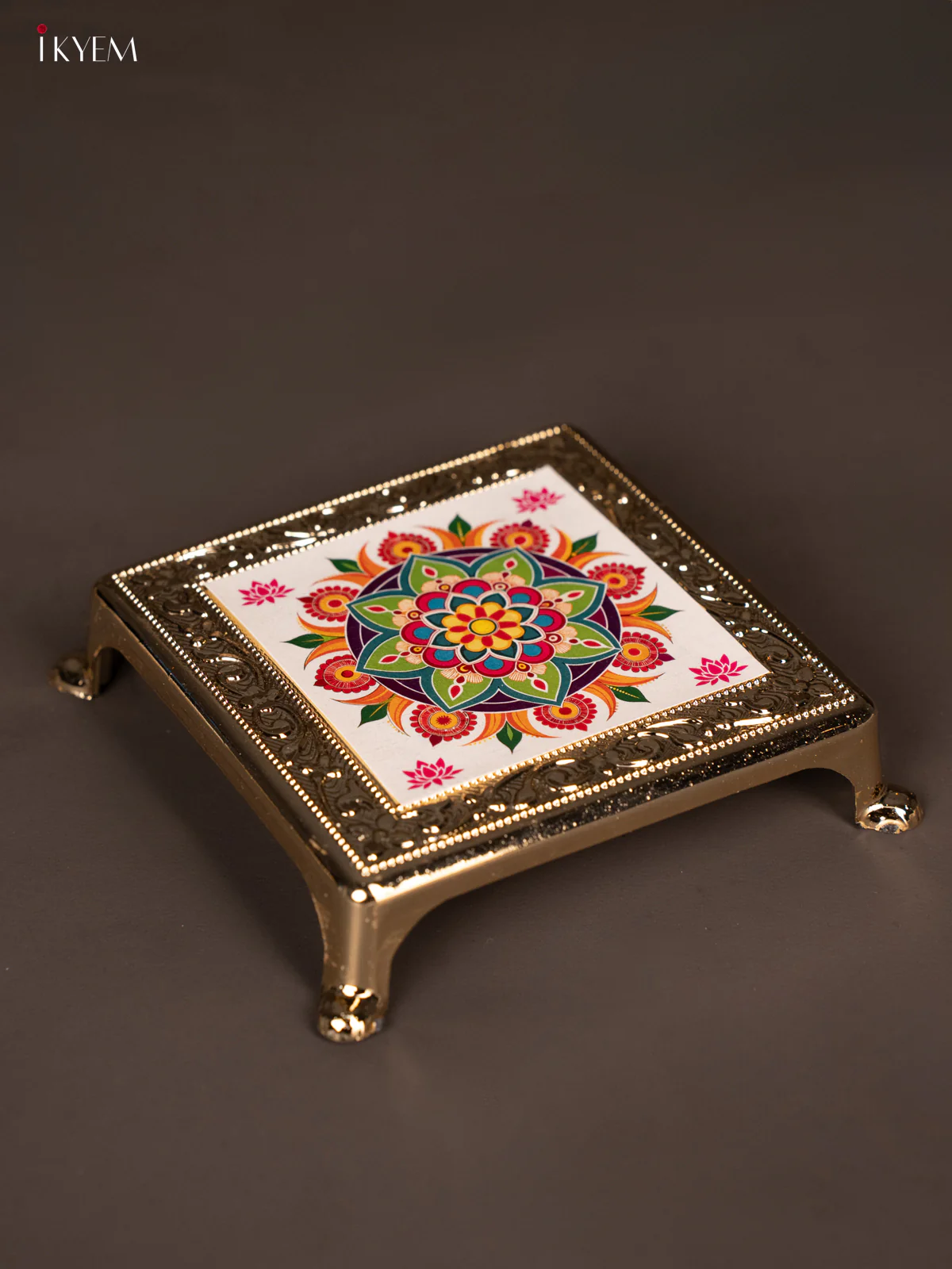 White Floral Kolam Design Printed Chowki - KG25217 - Image 2