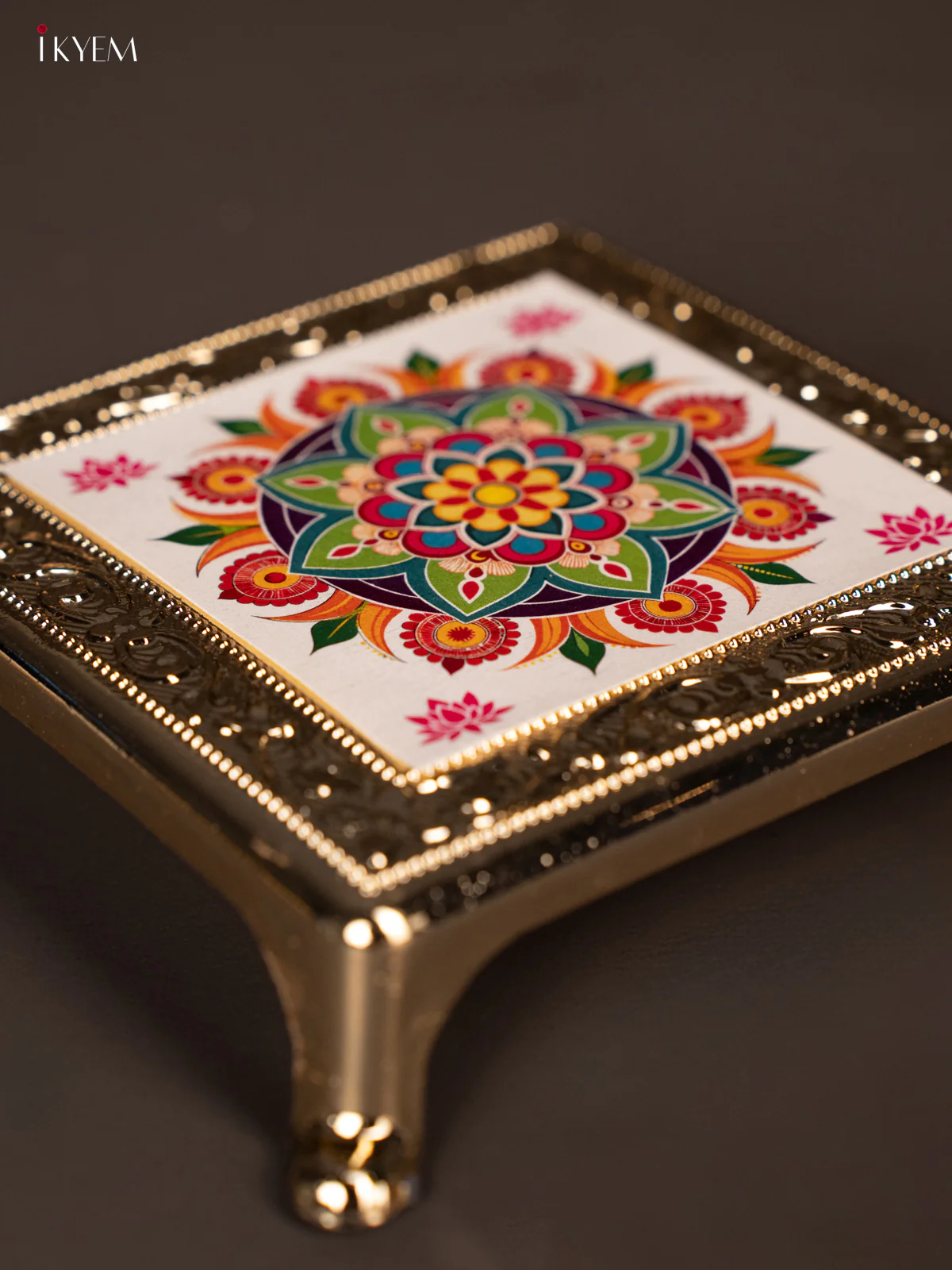 White Floral Kolam Design Printed Chowki - KG25217 - Image 3