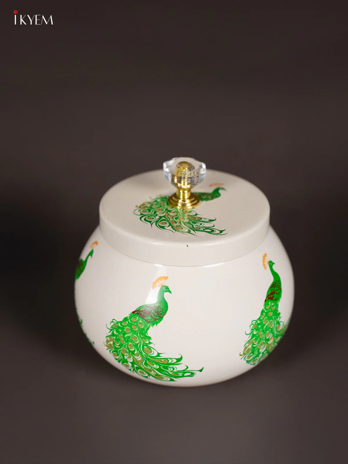 Pretty Peacock Printed White Dry Fruit Jar with Lid (3.5 Inches) - KI21210