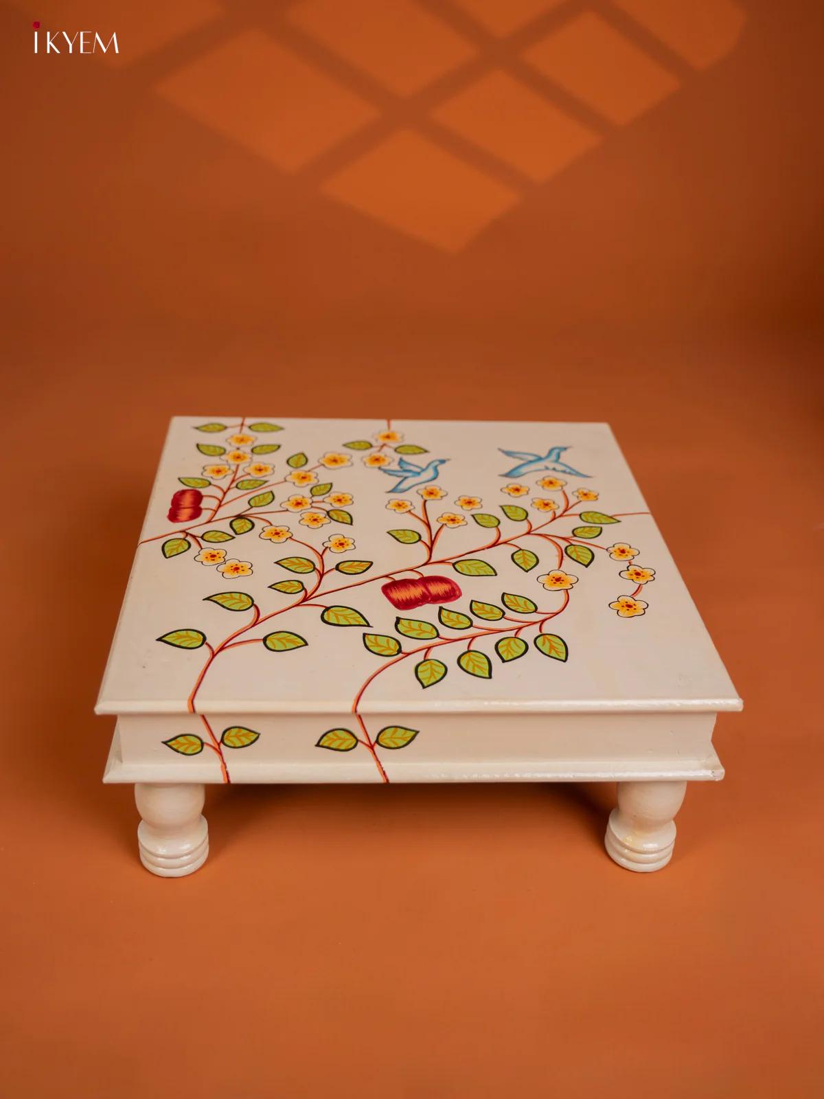 Wooden Hand painted Chowki - Floral Cream - KF16116