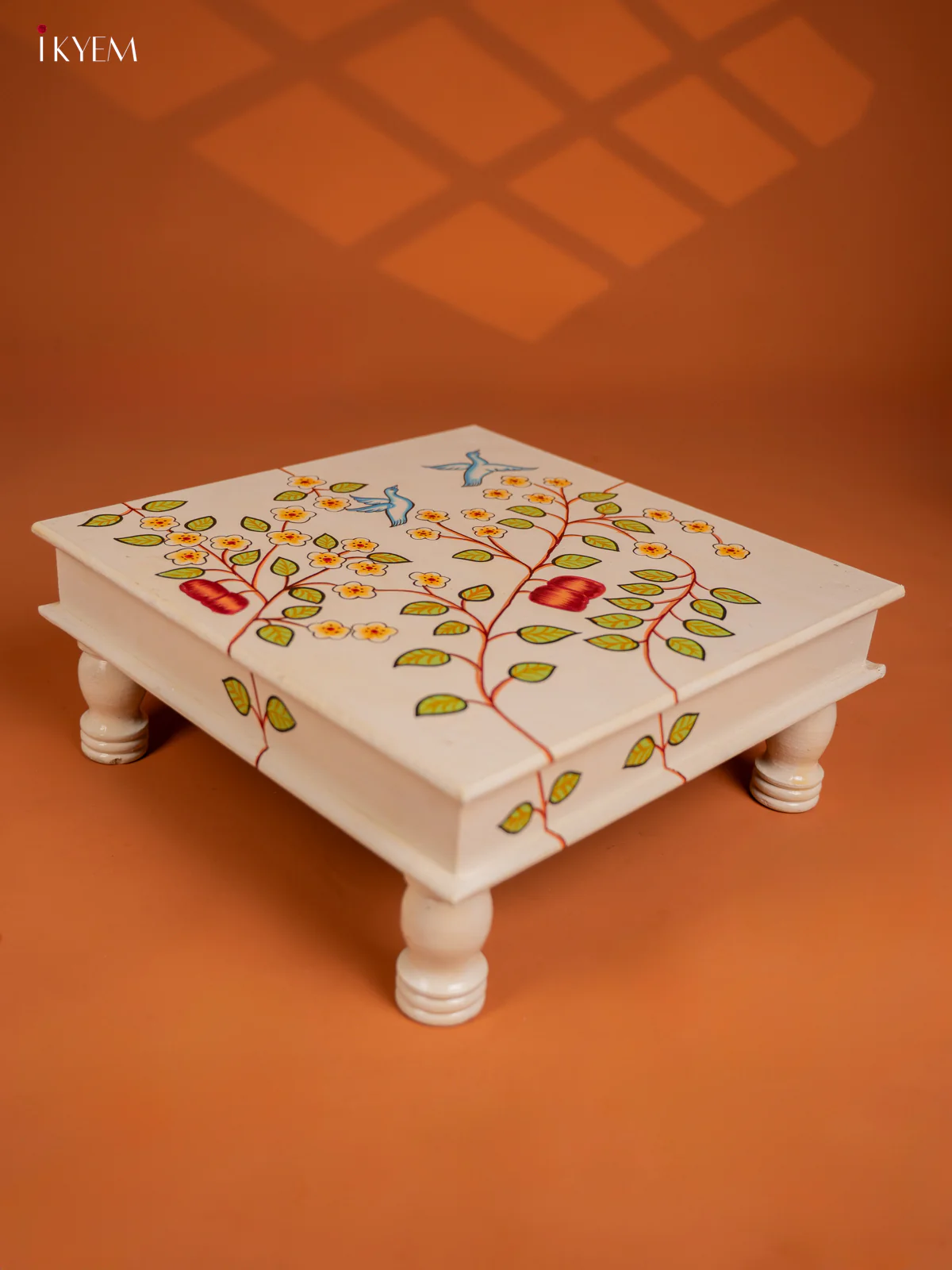 Wooden Hand painted Chowki - Floral Cream - KF16116 - Image 3