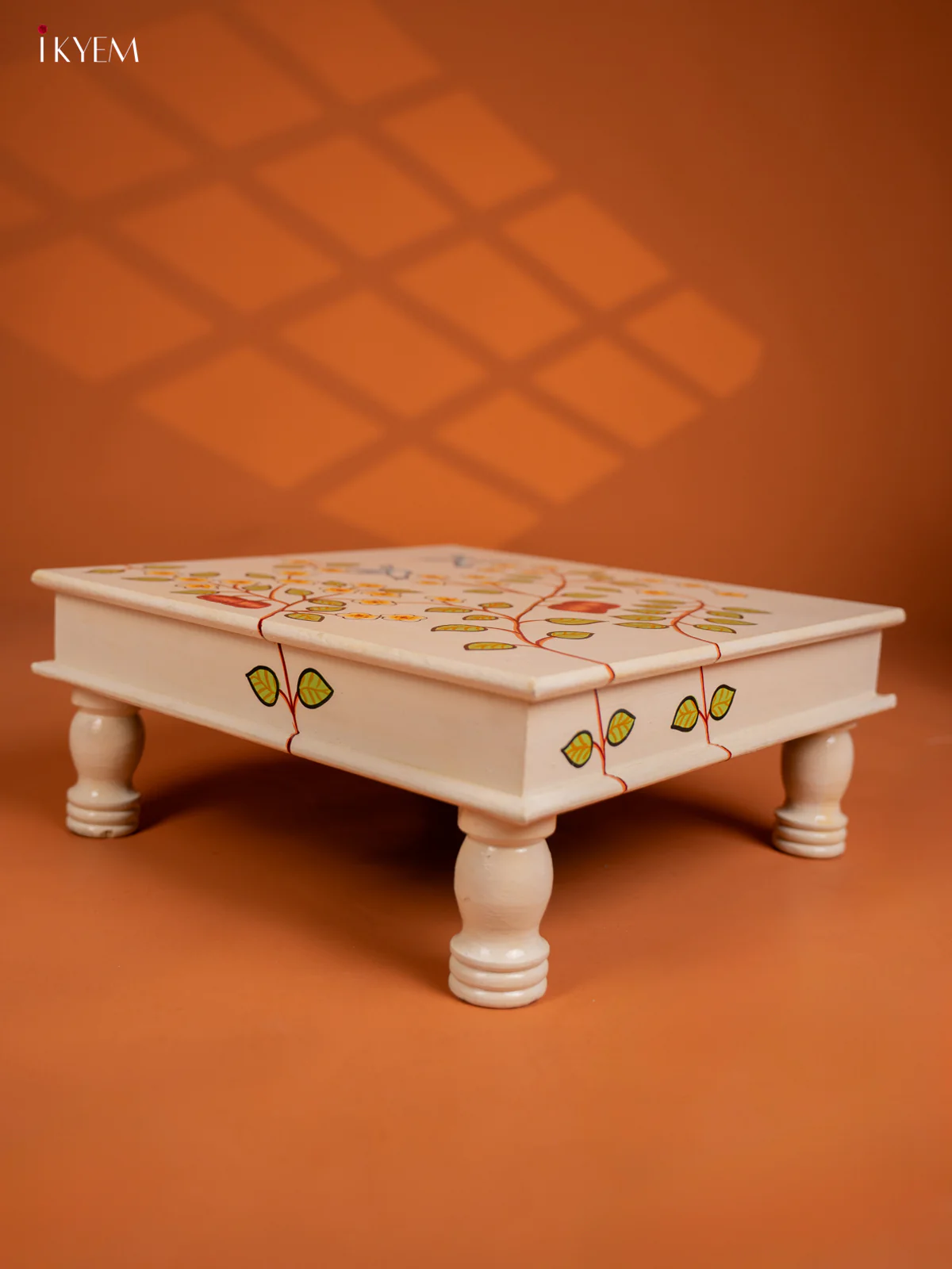 Wooden Hand painted Chowki - Floral Cream - KF16116 - Image 4