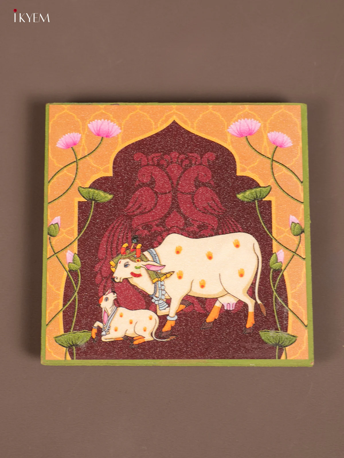 Yellow Pichwai Manai With Cow & Calf Print & Green Border - KE29152