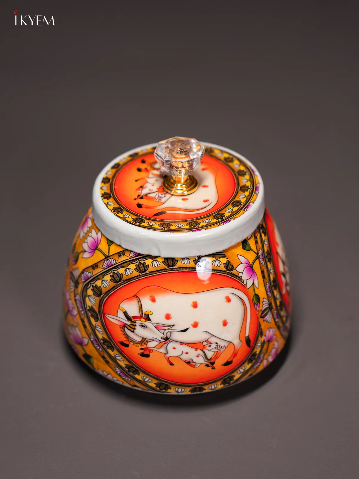Pichwai Cow Printed Yellow & Orange Dry Fruit Jar with Lid - KI15115