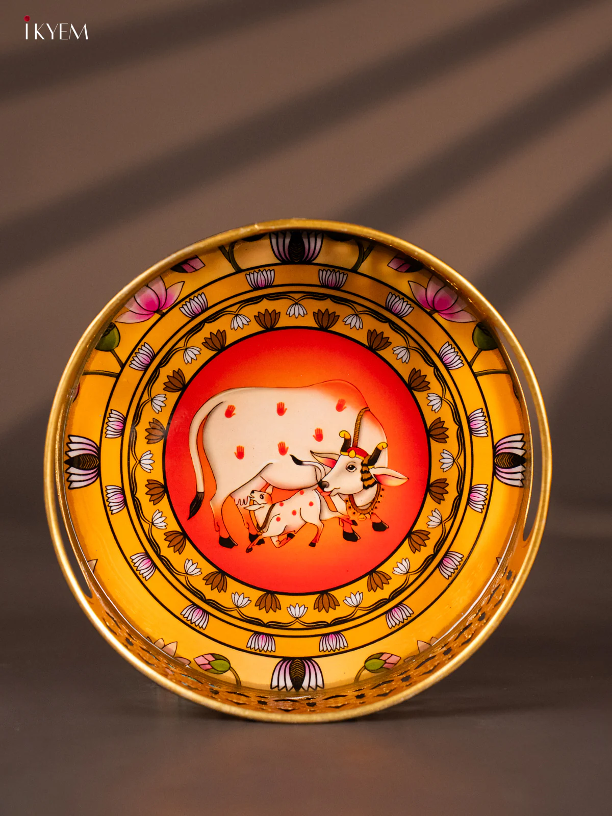 Yellow & Red Decorative Round Tray with Cow & Calf Digital Print - KH22123