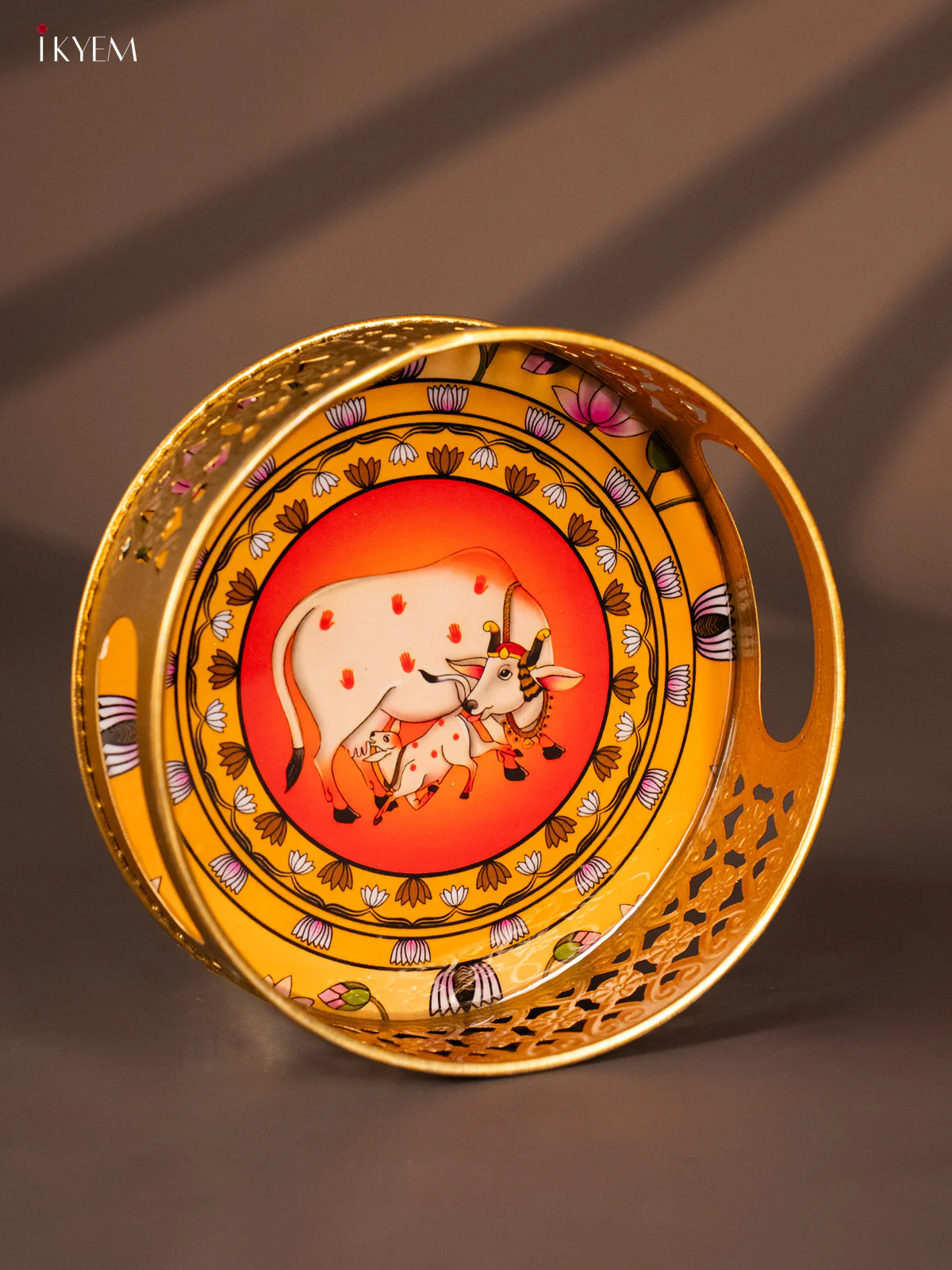 Yellow & Red Decorative Round Tray with Cow & Calf Digital Print - KH22123 - Image 2