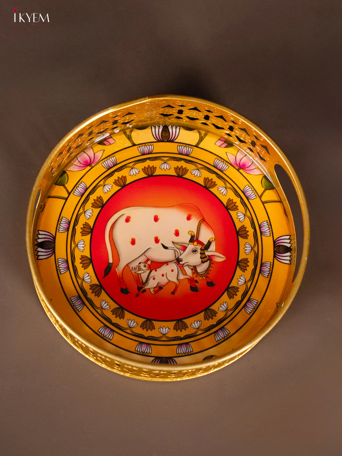 Yellow & Red Decorative Round Tray with Cow & Calf Digital Print - KH22123 - Image 3