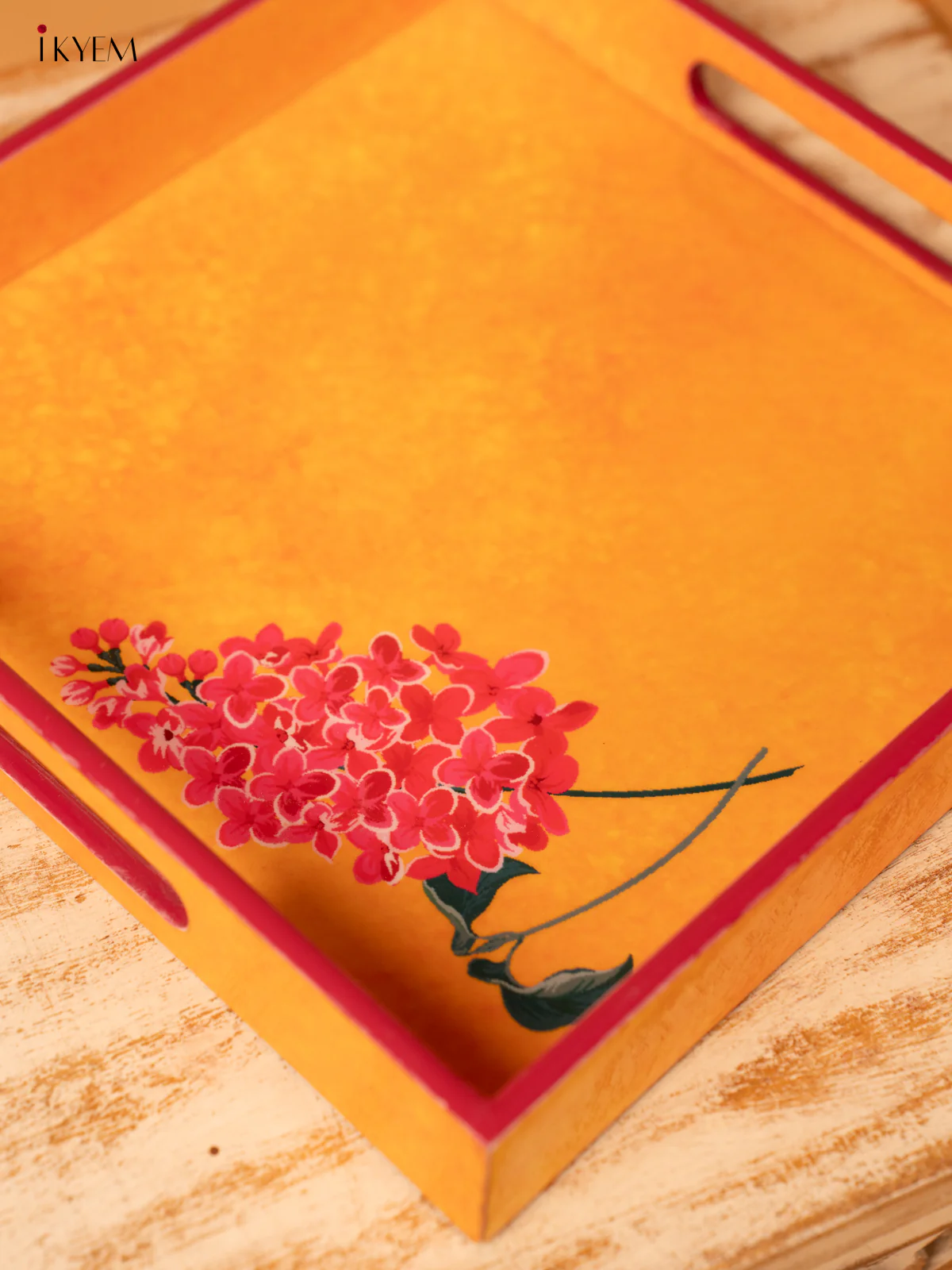 Yellow Floral Printed Square Wooden Tray (10x10) - KL03116 - Image 4