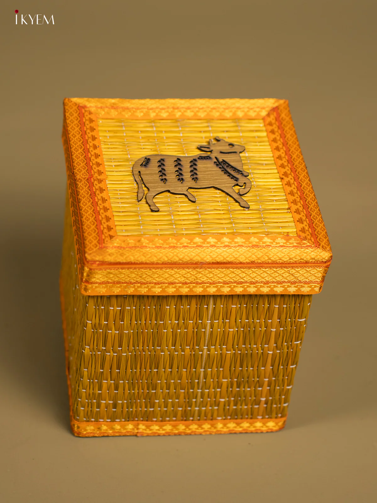 Yellow Korai Gift Box with Net Potli & Cow Motif - KF25162