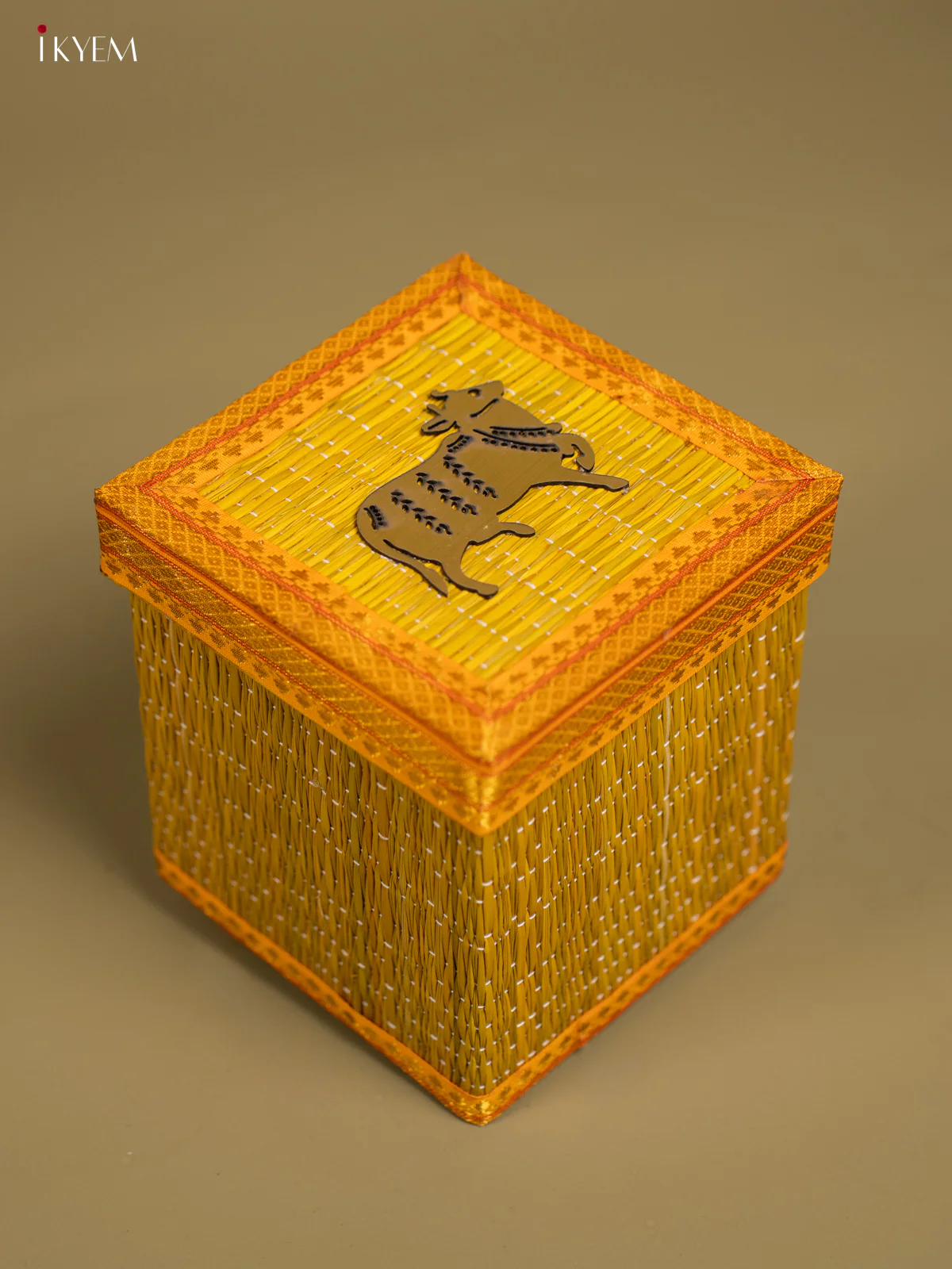 Yellow Korai Gift Box with Net Potli & Cow Motif - KF25162 - Image 2